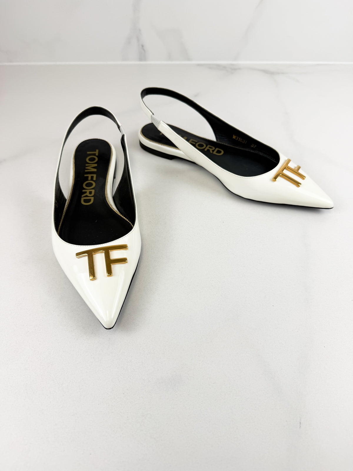Tom Ford Patent White Slingback Flats with GHW Size 37