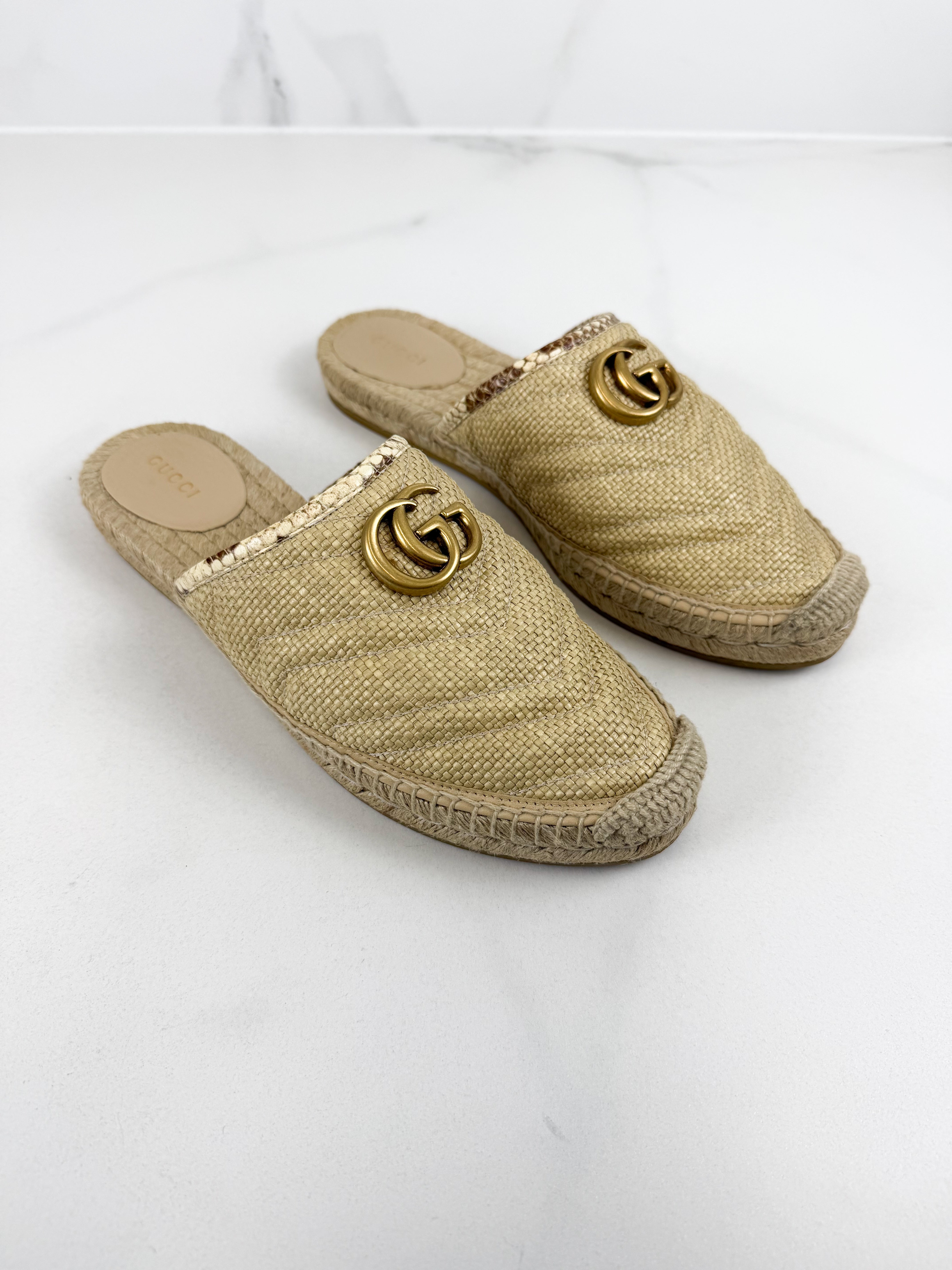Gucci GG Marmont Matelassé Raffia Espadrille Mules Size 39