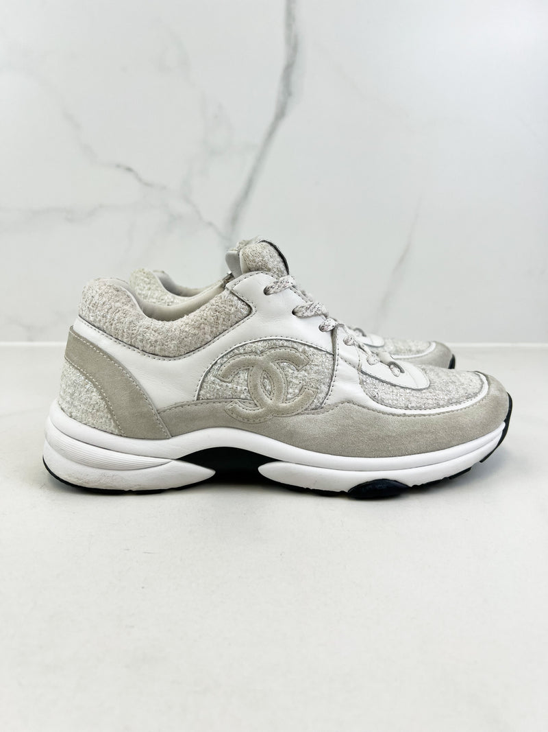 Chanel CC Tweed White/Silver Iridescent Sneaker Size 40