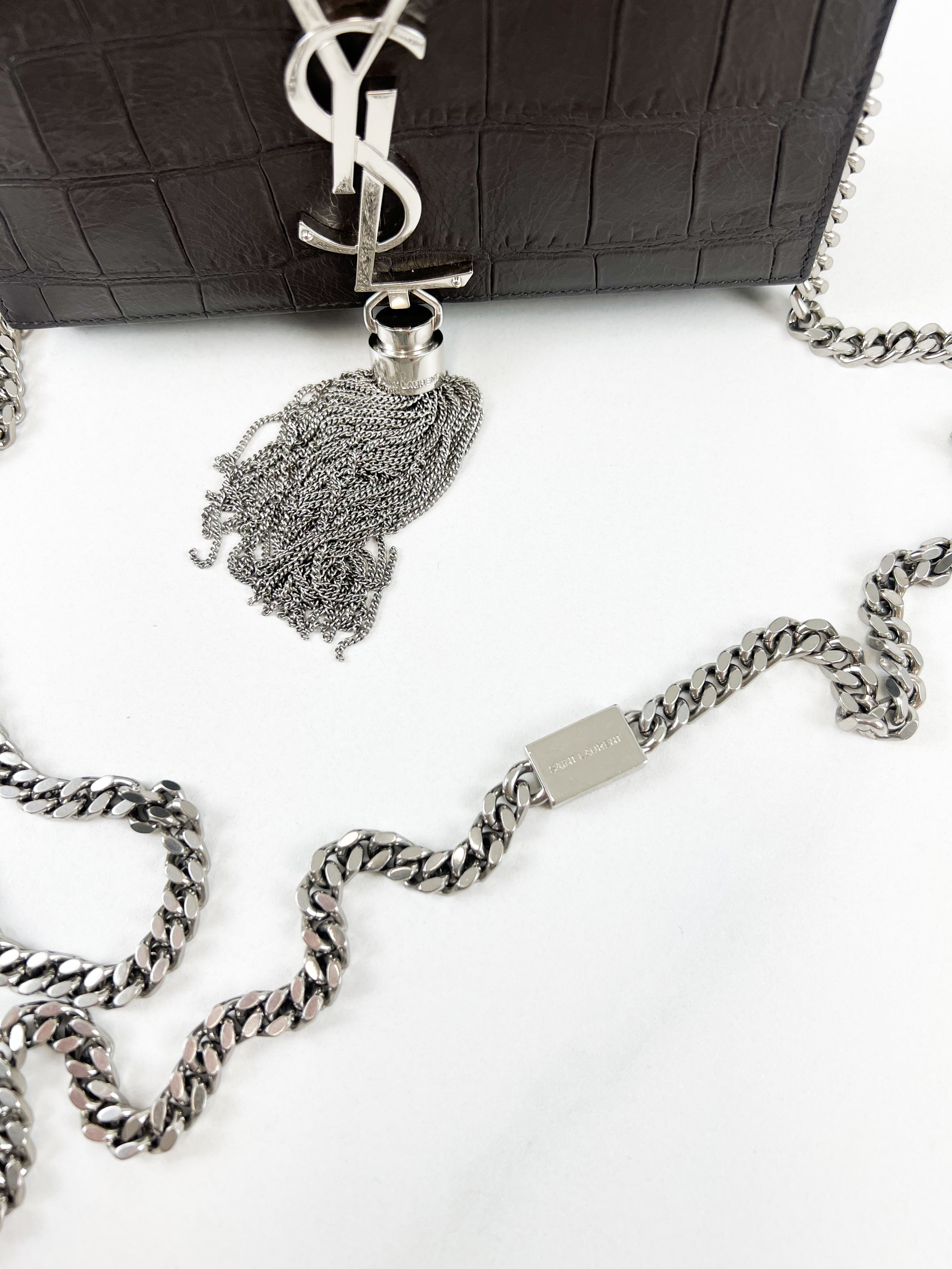 Saint Laurent Mini Kate Croc Embossed with SHW Tassel in Charcoal Brown