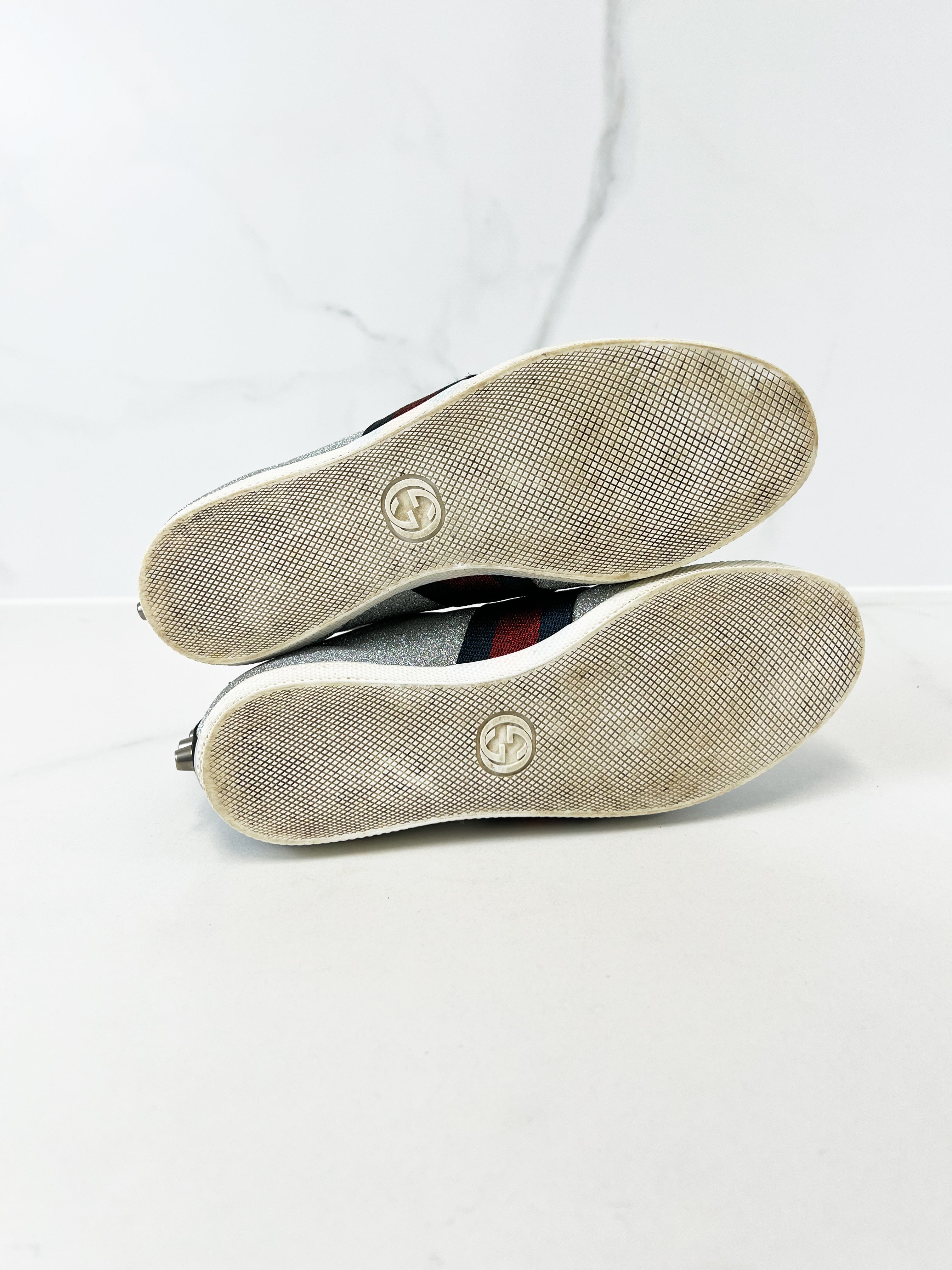 Gucci Bambi Silver Glitter GG Web Sneaker Size 37.5