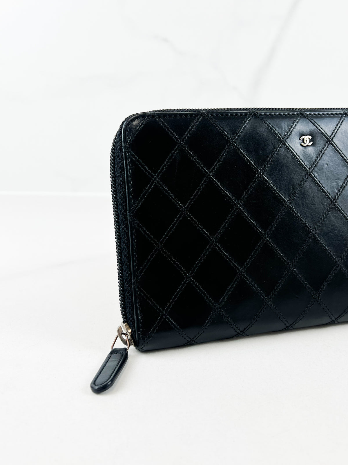 Chanel Quilted Stich Calfskin Zip Around Mini CC Wallet with SHW