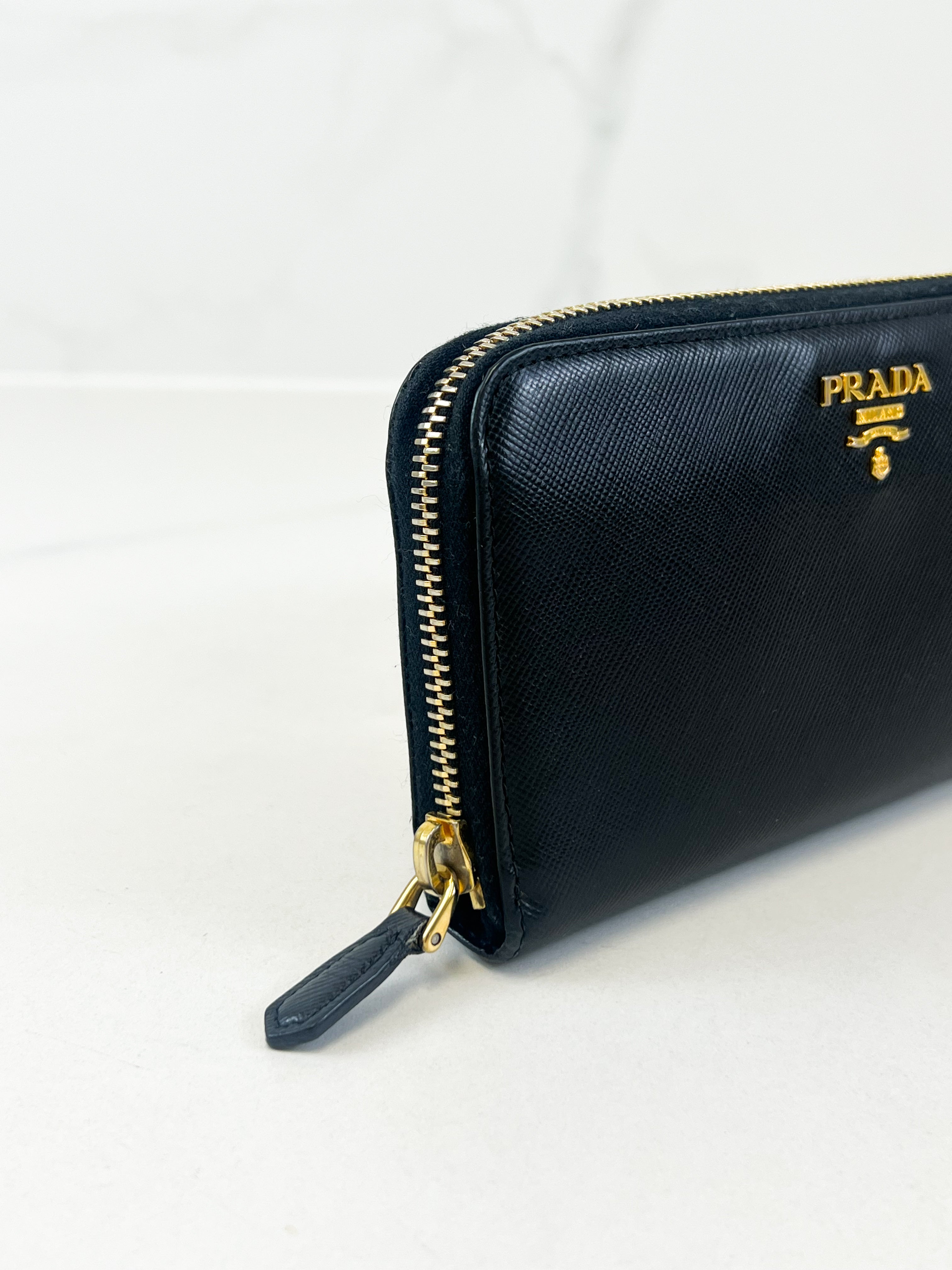 Prada Large Grained Leather Zip Around Wallet