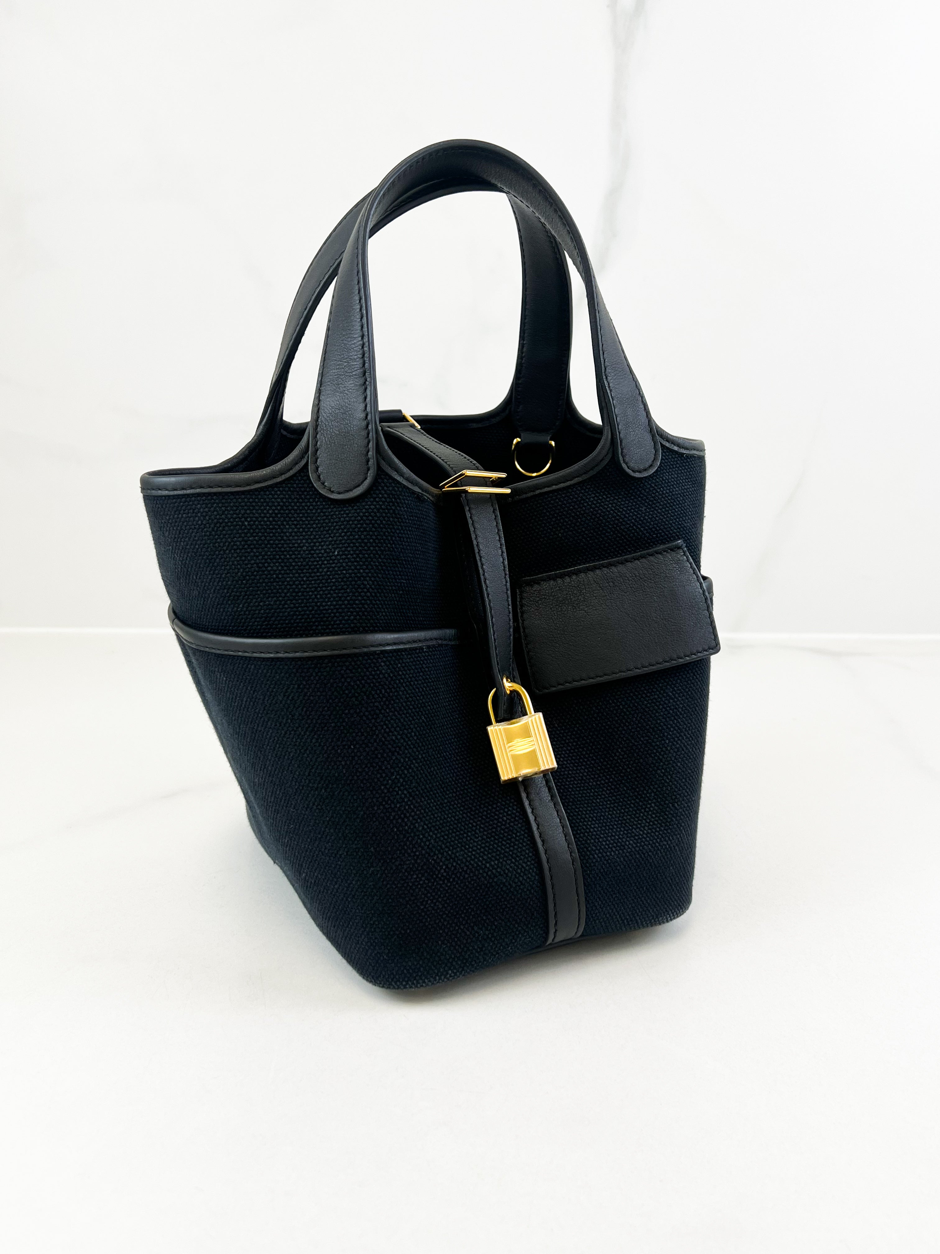 Hermes Picotin Lock 18 Pockets Bag in Black Canvas and Swift Leather