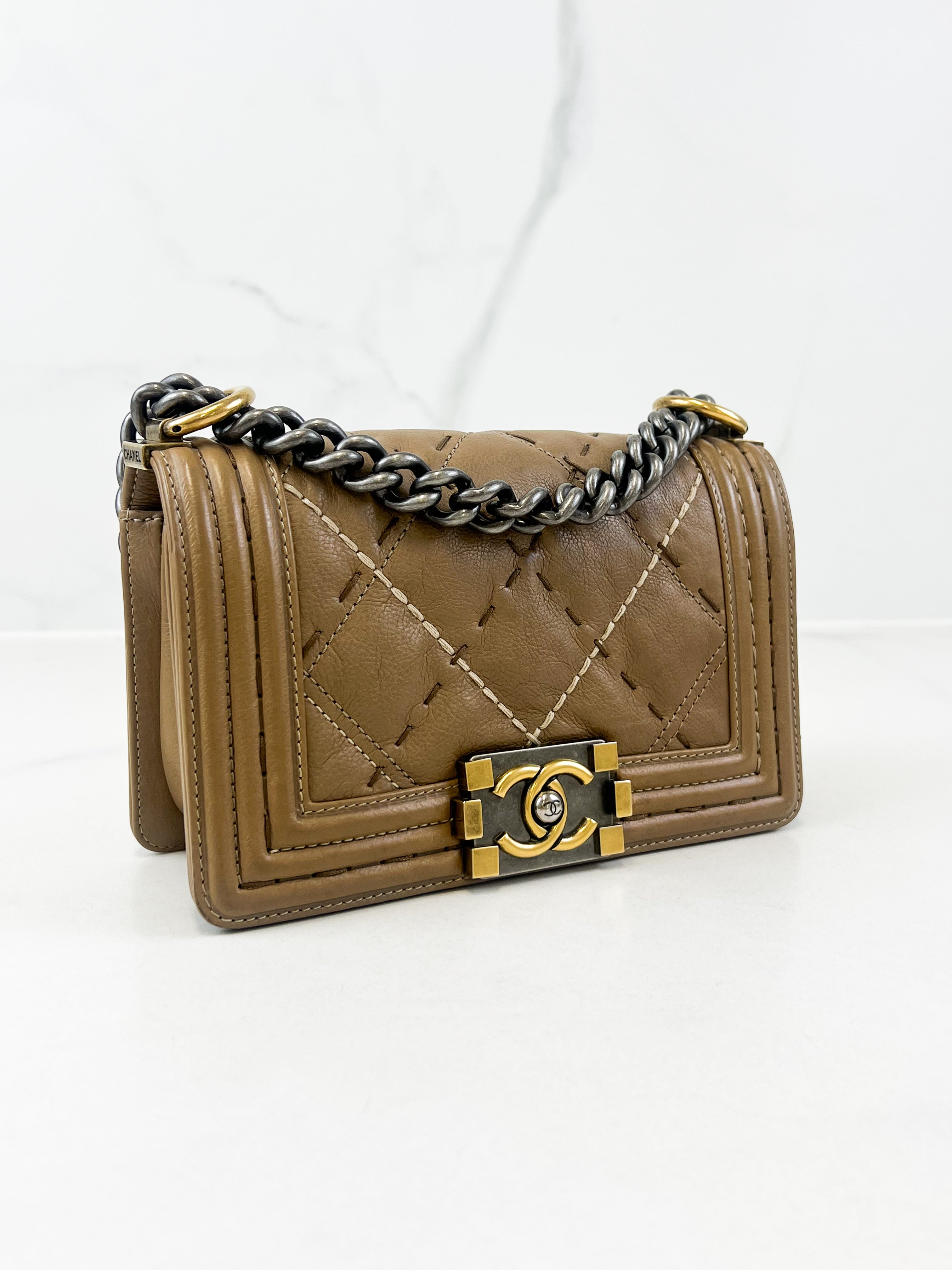Chanel Small Beige Boy Bag Calfskin Ruthenium & Gold HW