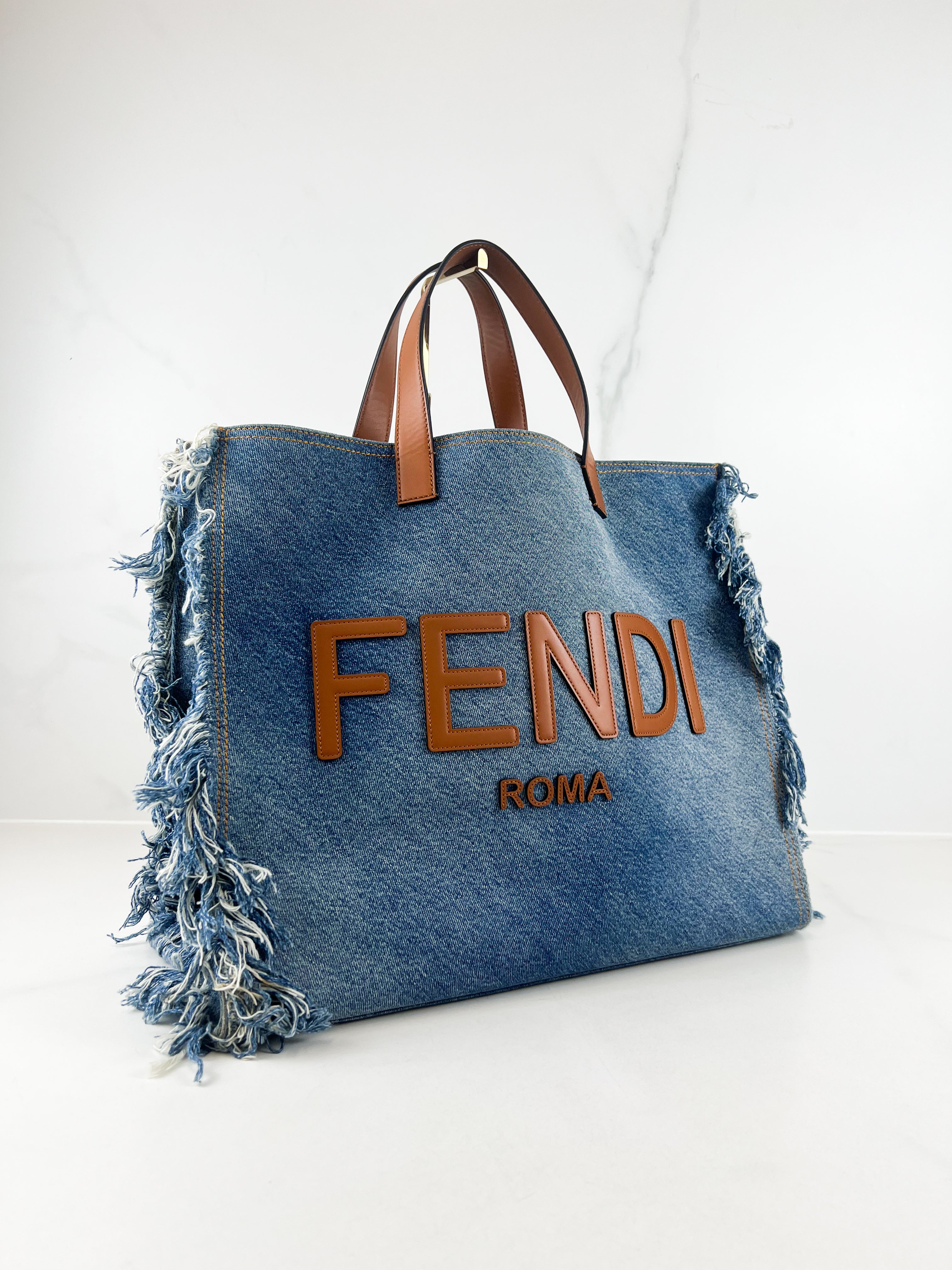 Fendi Blue Denim Fringe Medium Sunshine Tote Bag