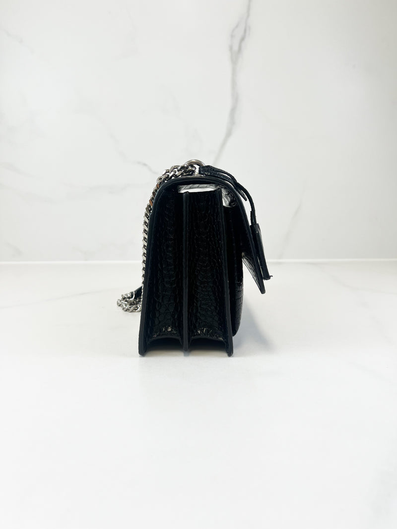 Saint Laurent Sunset Medium Black Croc Shoulder Bag with SHW