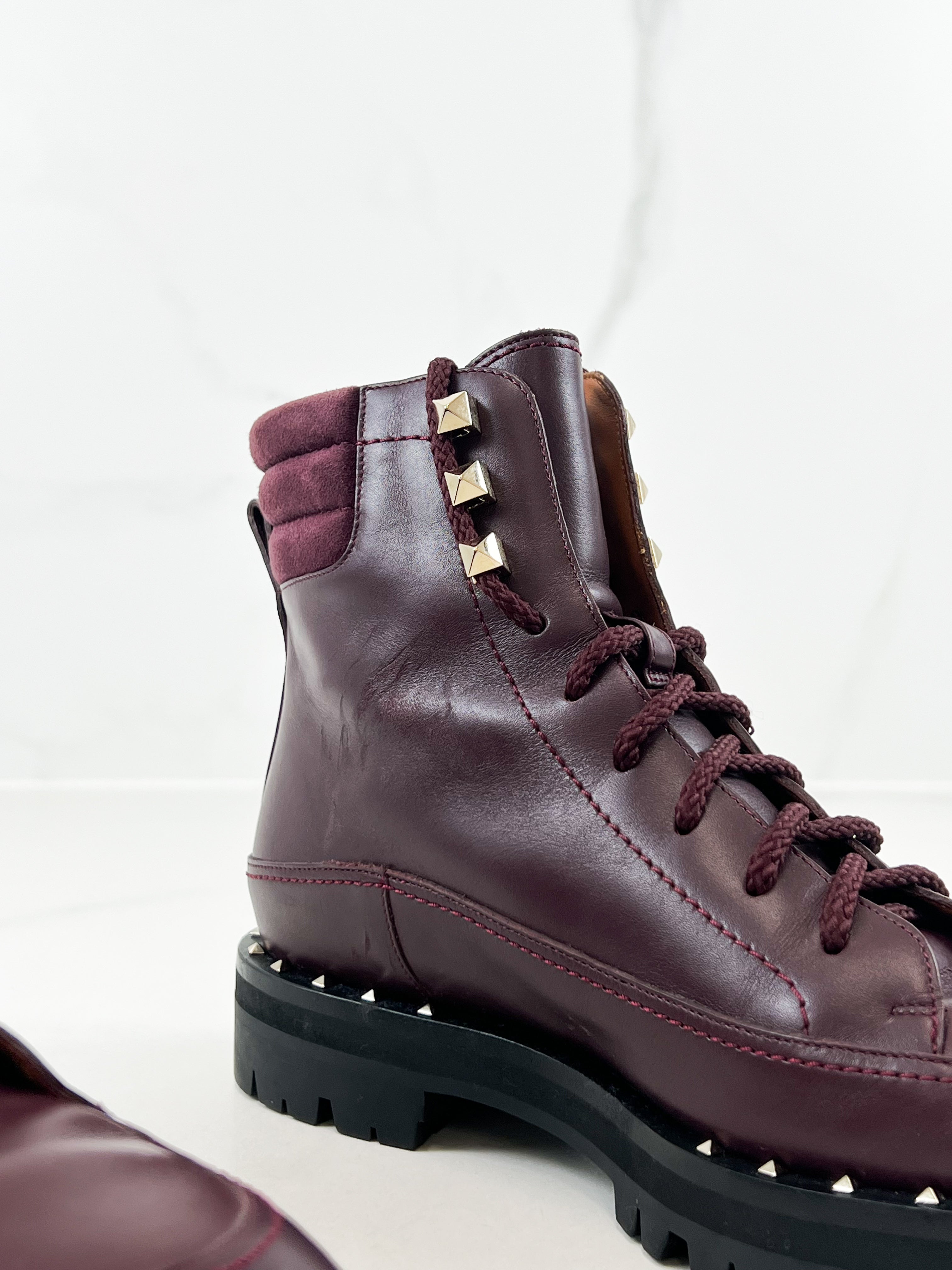 Valentino Garavani Rockstud Leather Combat Boots in Burgundy Size 36