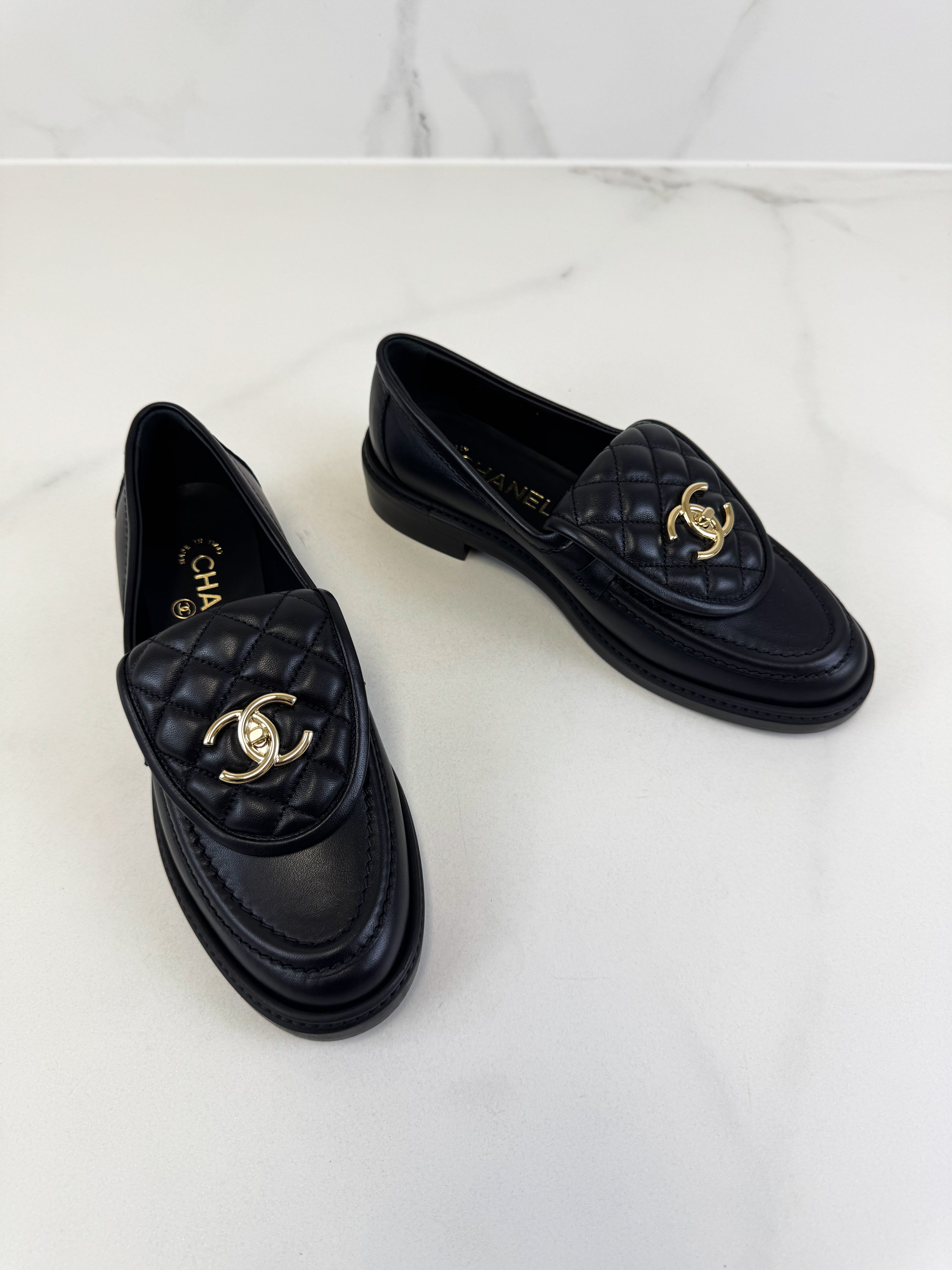Chanel Black Quilted Turn Lock Loafer Size 37.5