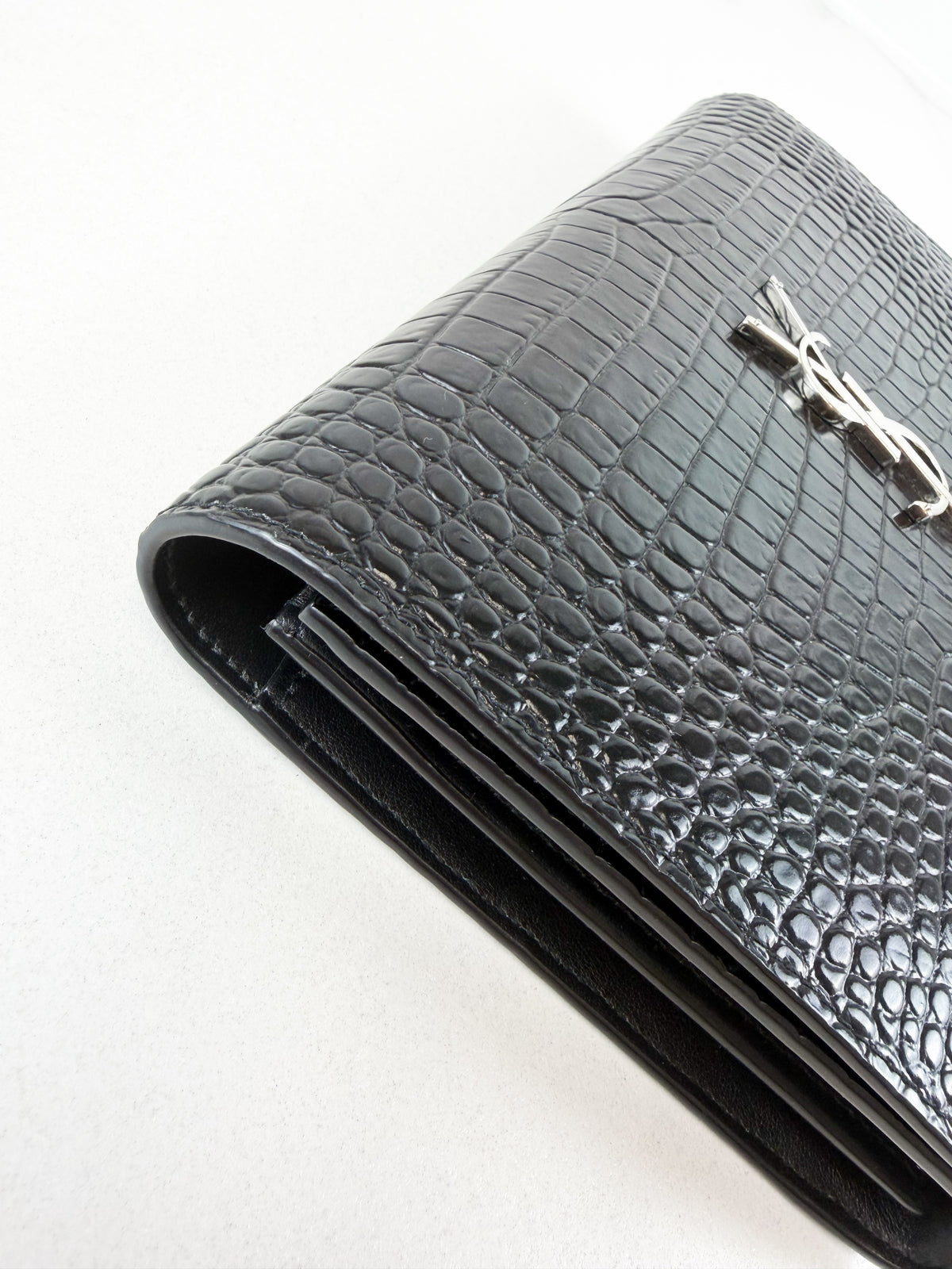 Saint Laurent Black Kate Chain Bag in Embossed Croc Leather