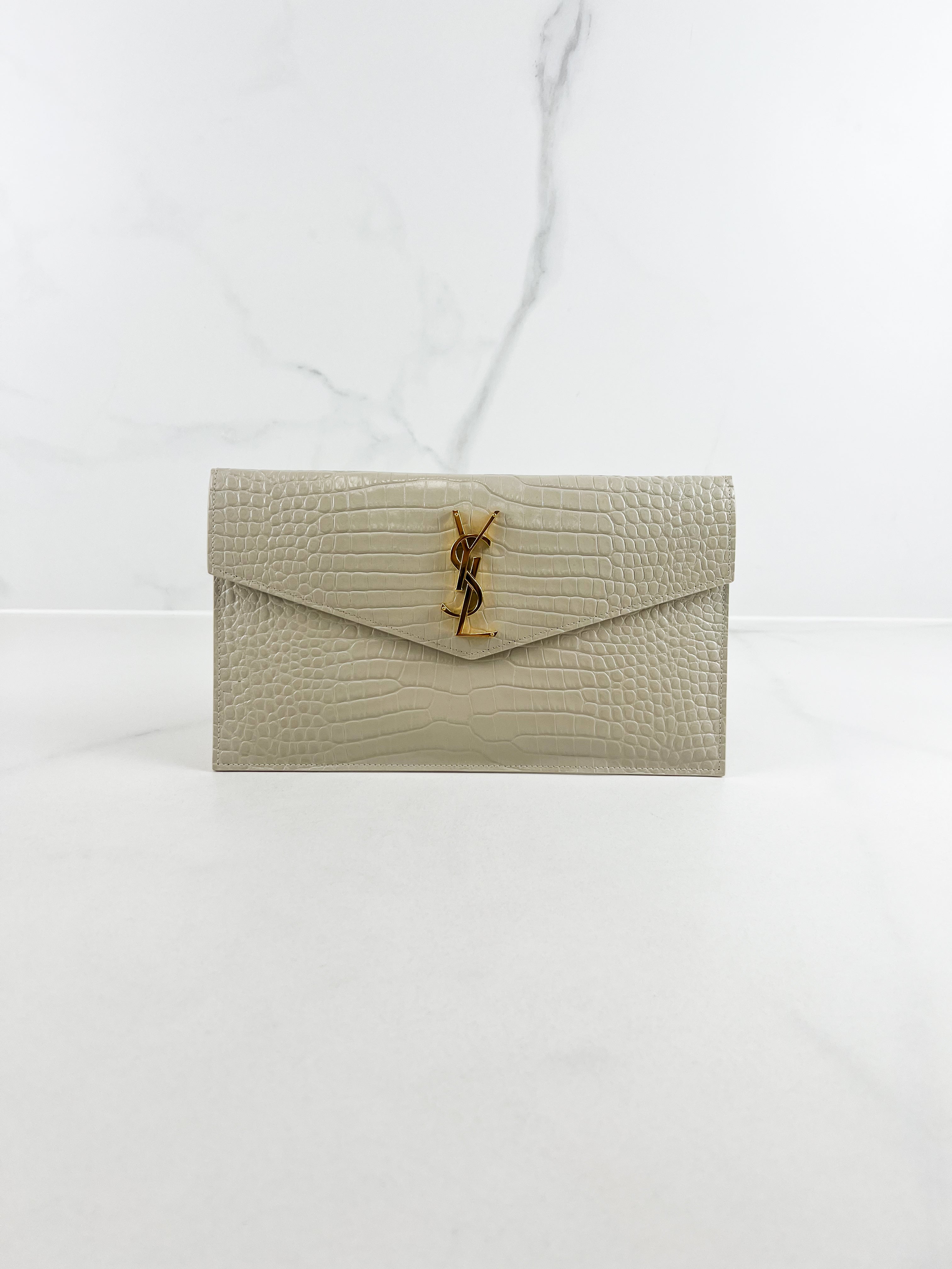 Saint Laurent Beige Uptown Pouch in Crema Soft Croc-Effect Leather