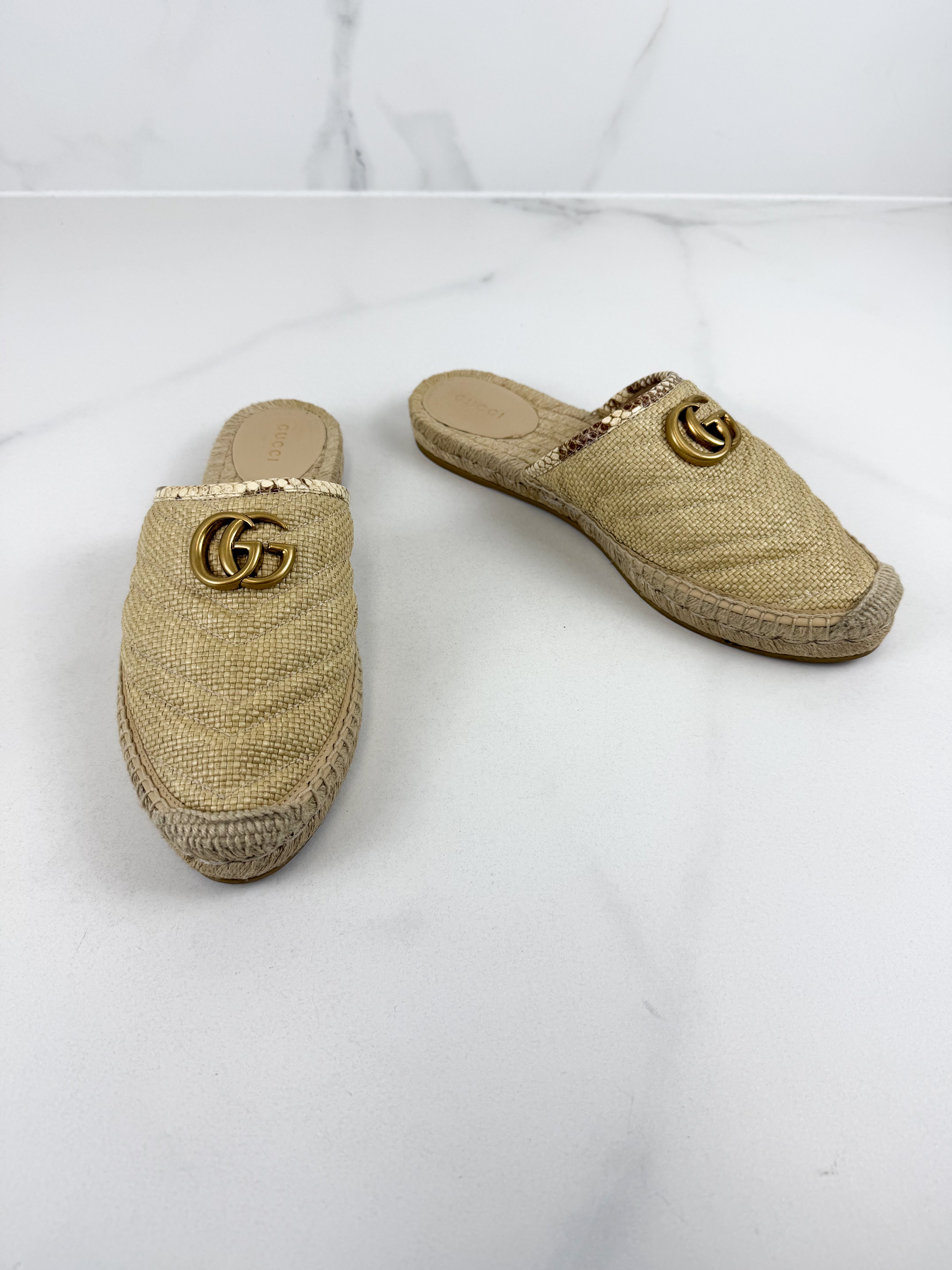 Gucci GG Marmont Matelassé Raffia Espadrille Mules Size 39