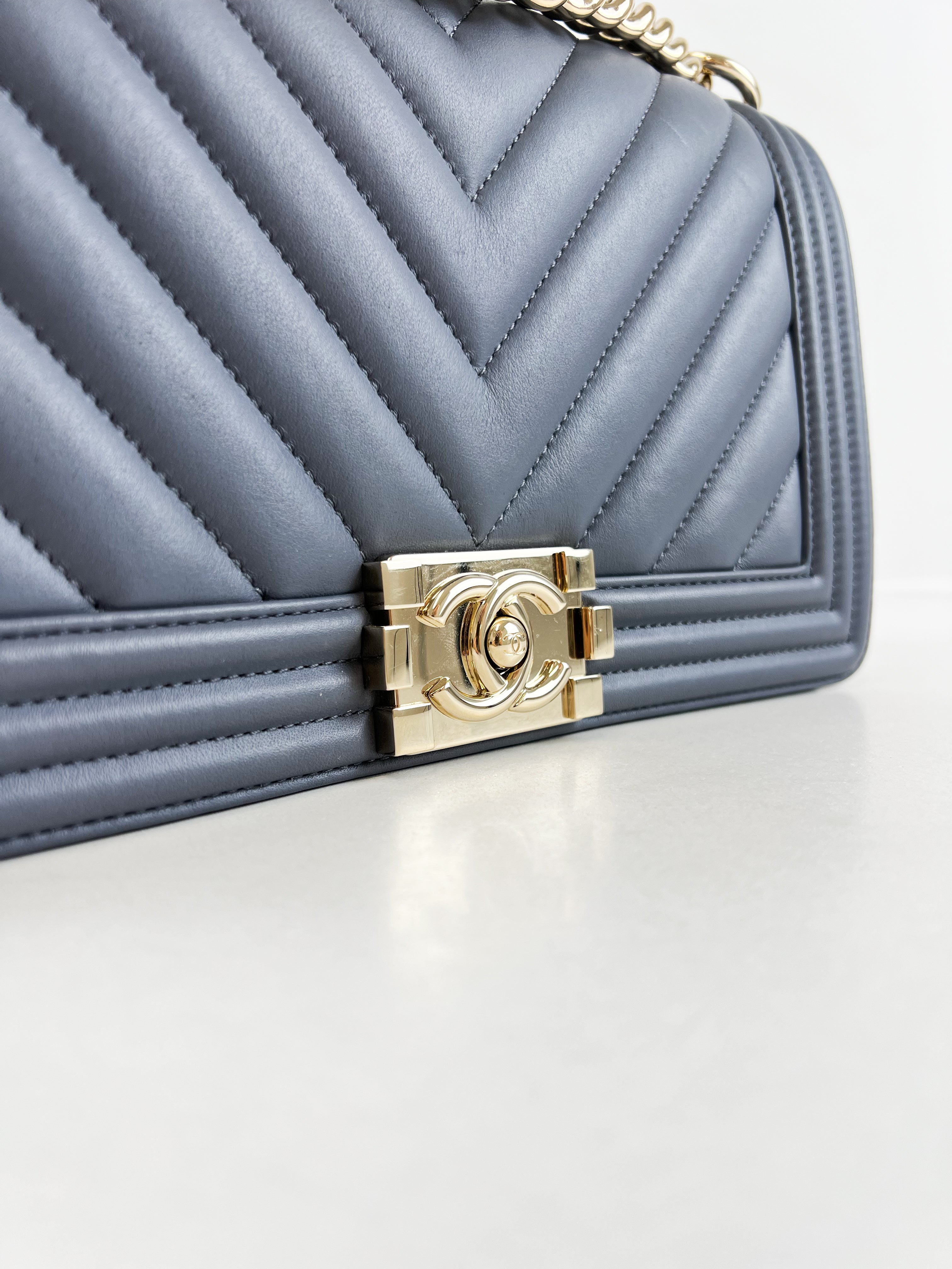 Chanel Charcoal Grey Old Medium Chevron Lambskin Boy Bag with Light Champagne GHW