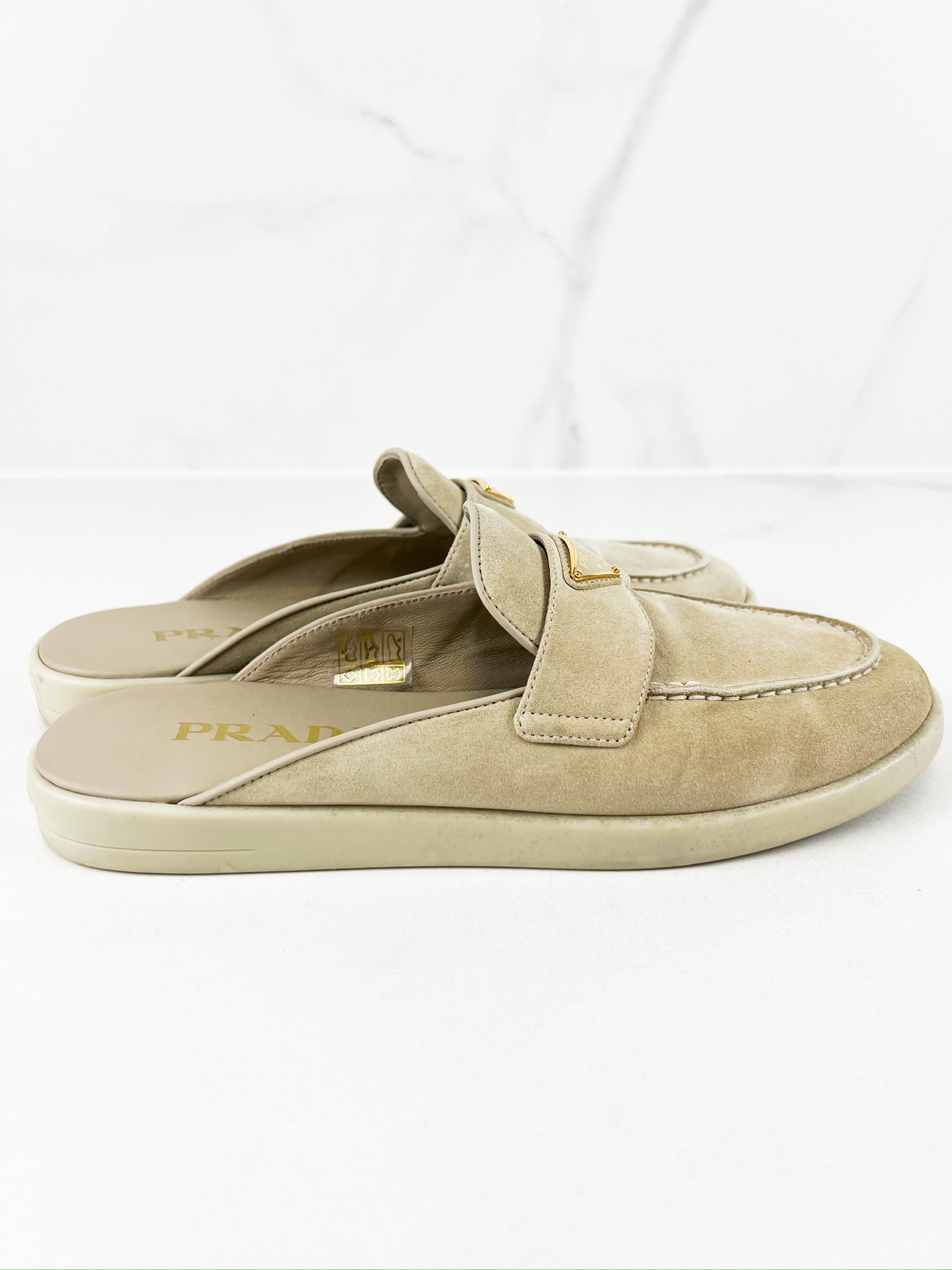 Prada Beige Suede Logo Mules Size 38