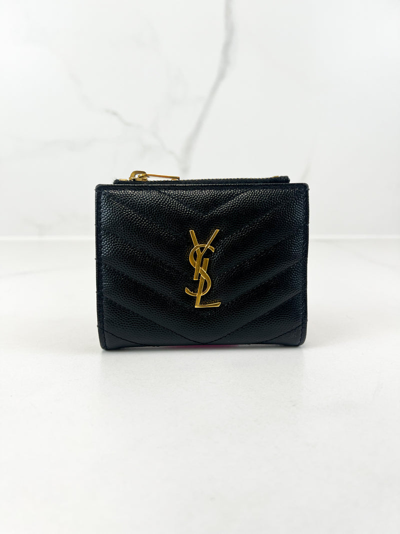 Saint Laurent Cassandre Matelasse Bi-fold Wallet in Grain De Poudre Embossed Leather