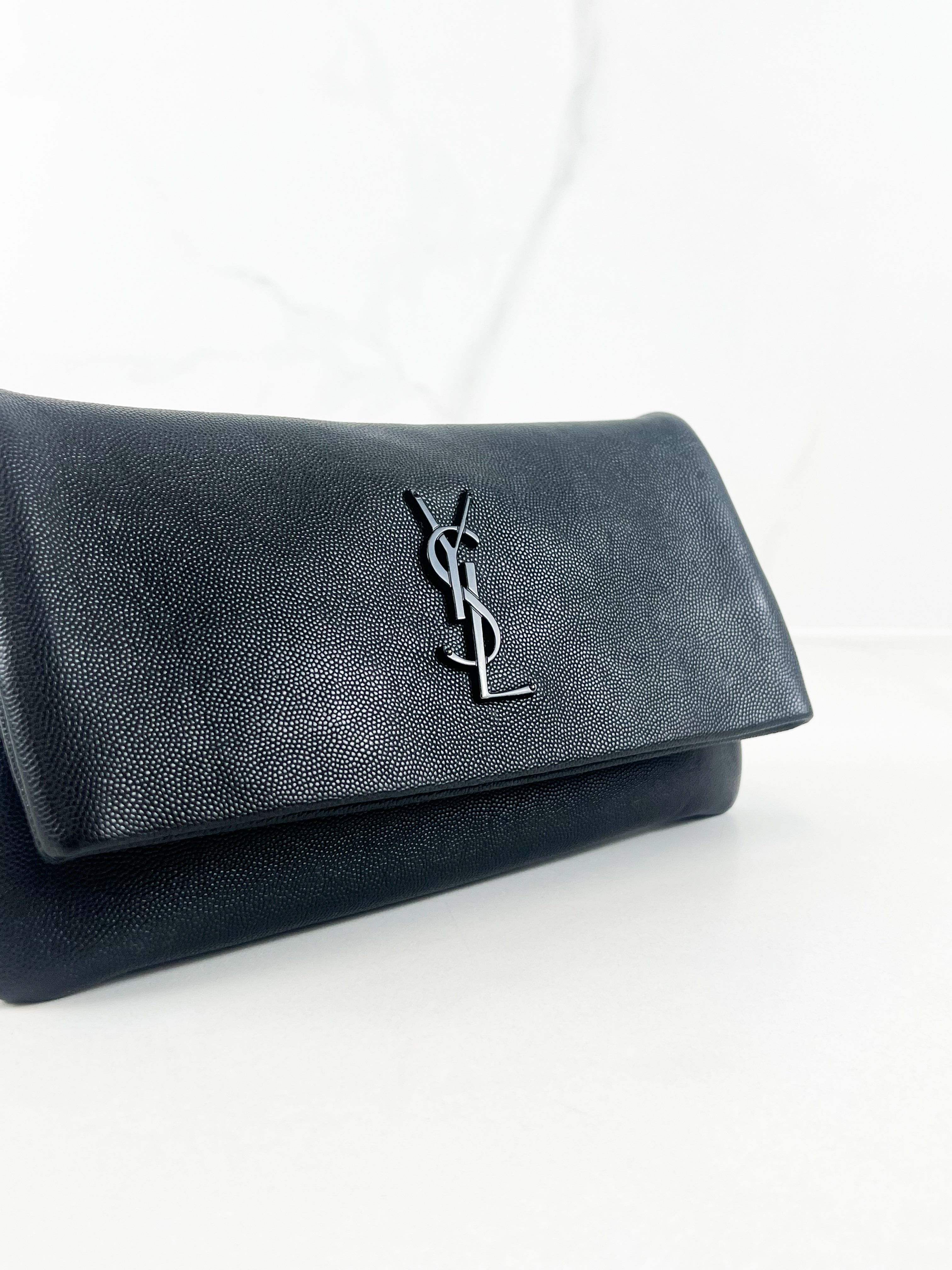 Saint Laurent Hollywood Fold Over Clutch in Black Grained Calfskin
