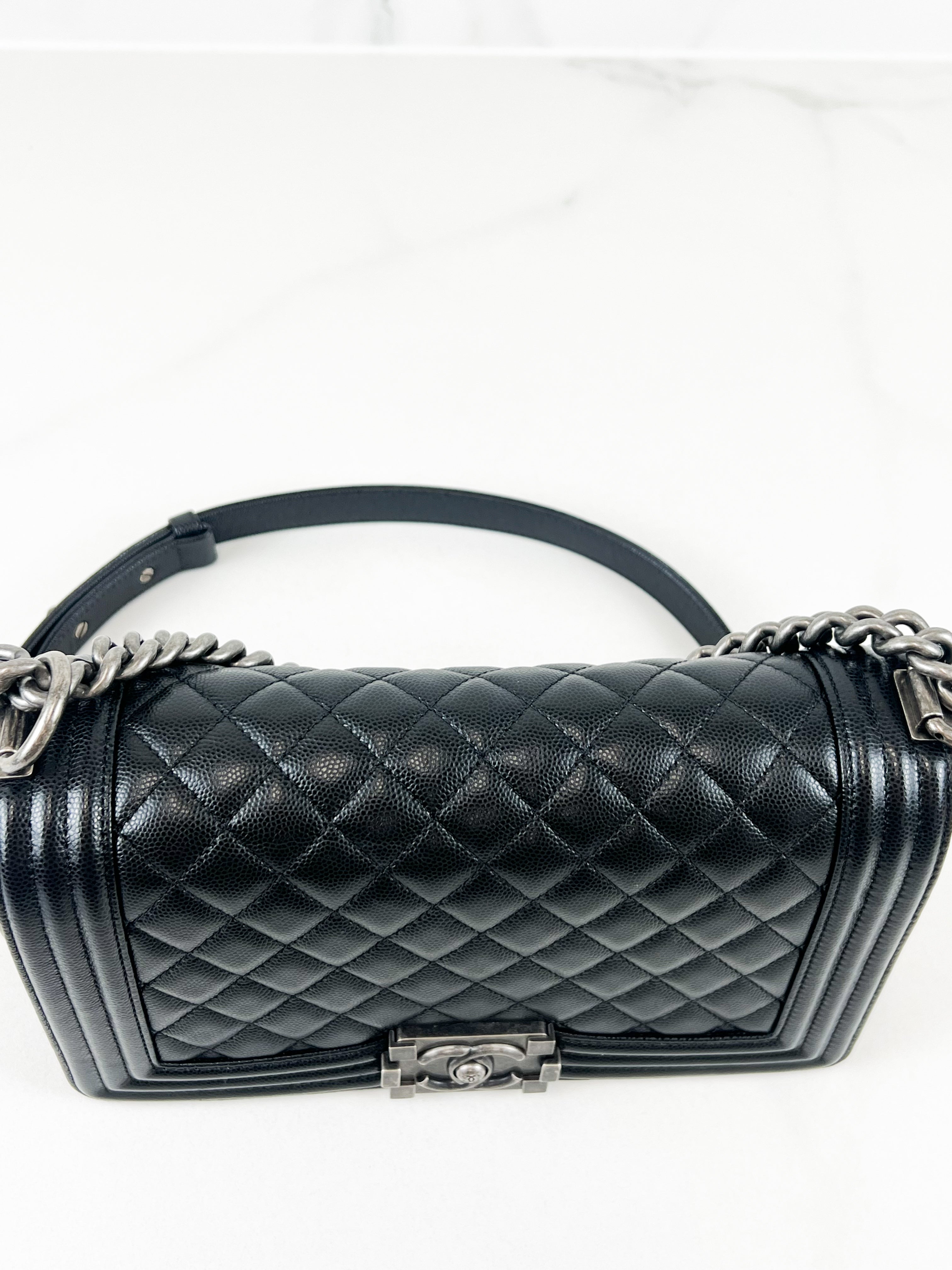Chanel Old Medium Boy Bag in Black Quilted Caviar with Ruthenium Hardware
