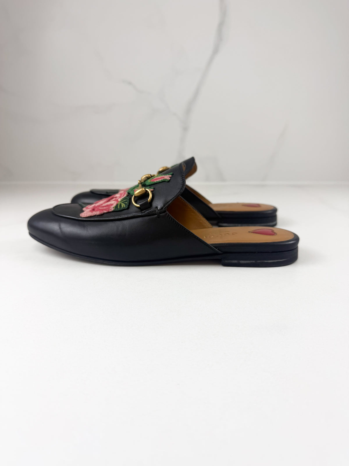 Gucci Princetown Rose Embroidered Leather Mule Size 38