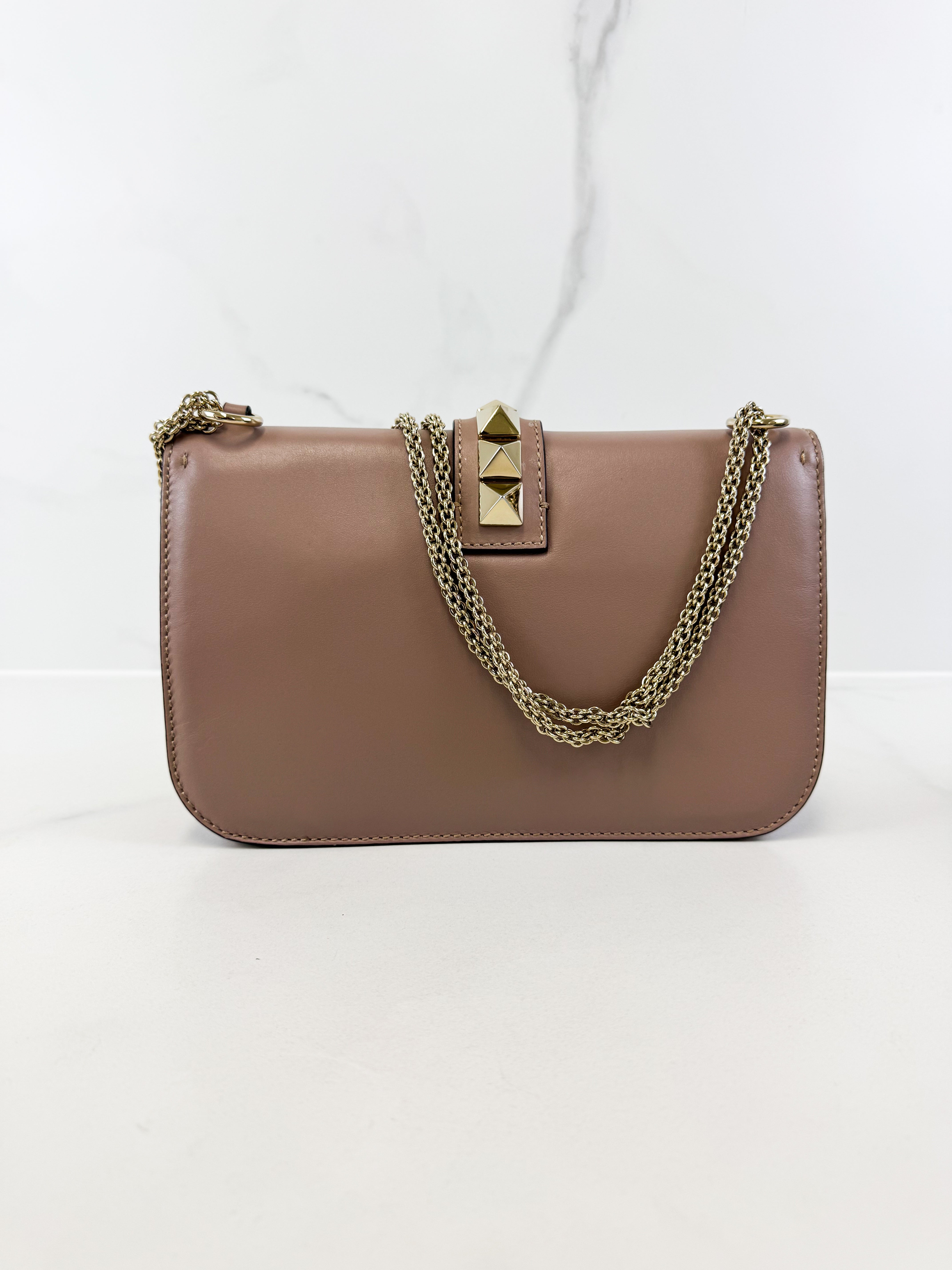 Valentino Garavani Pink Vitello Medium Glam Lock Rockstud Flap Bag