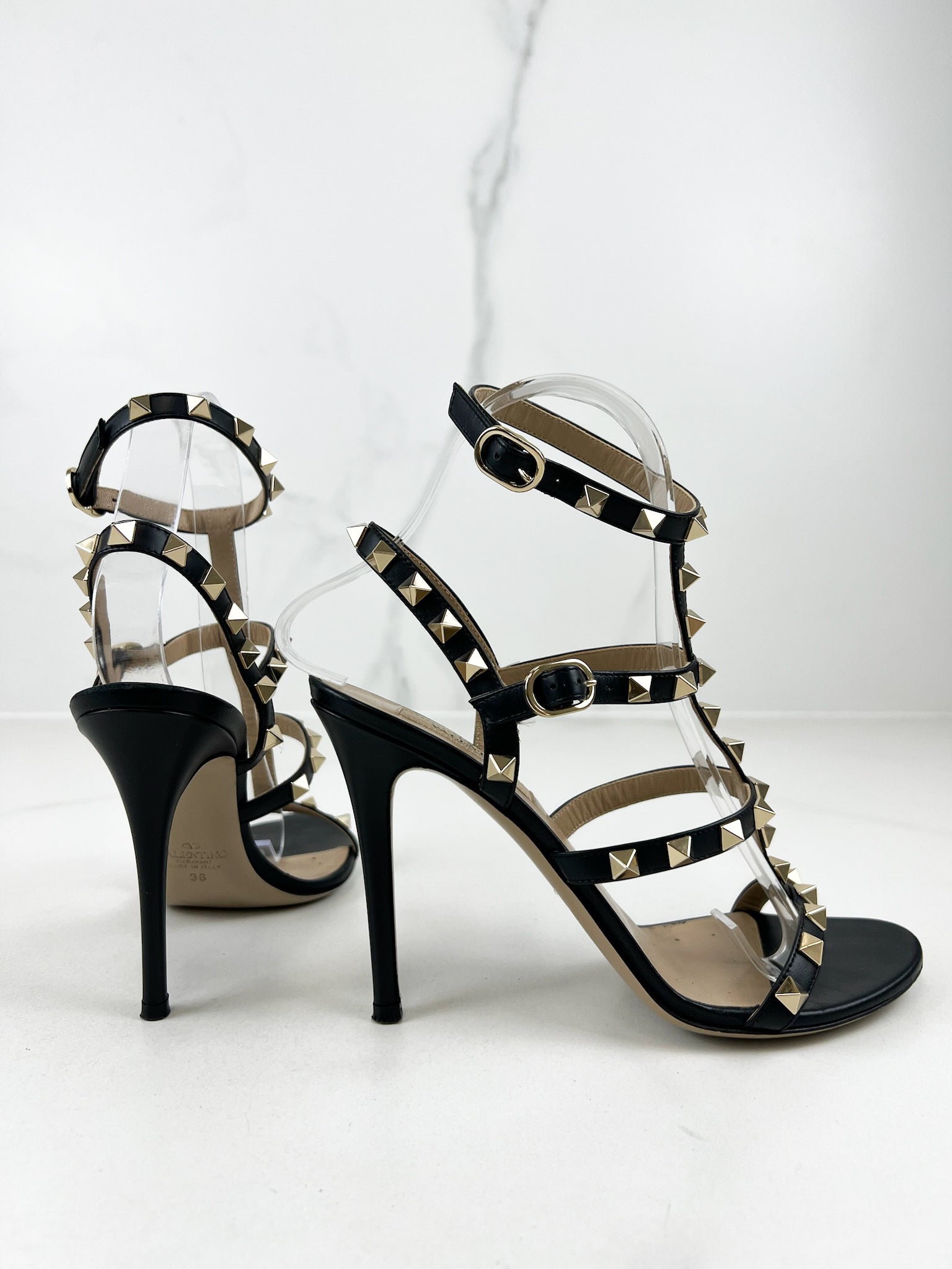 Valentino Garavani Caged Black Rockstud Ankle Strap Sandal Size 36.5