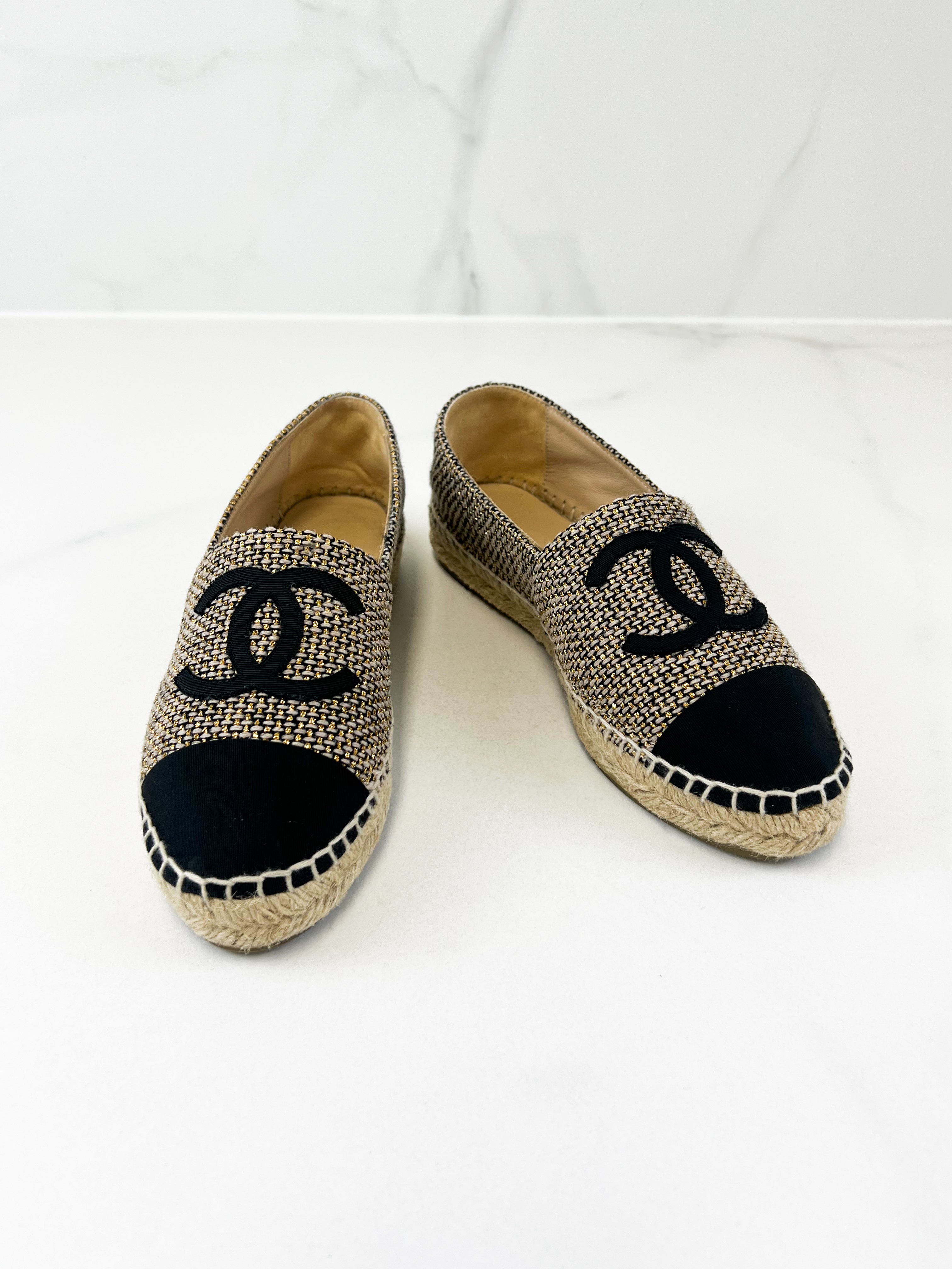 Chanel CC Gold & Black Fabric Espadrille Size 37