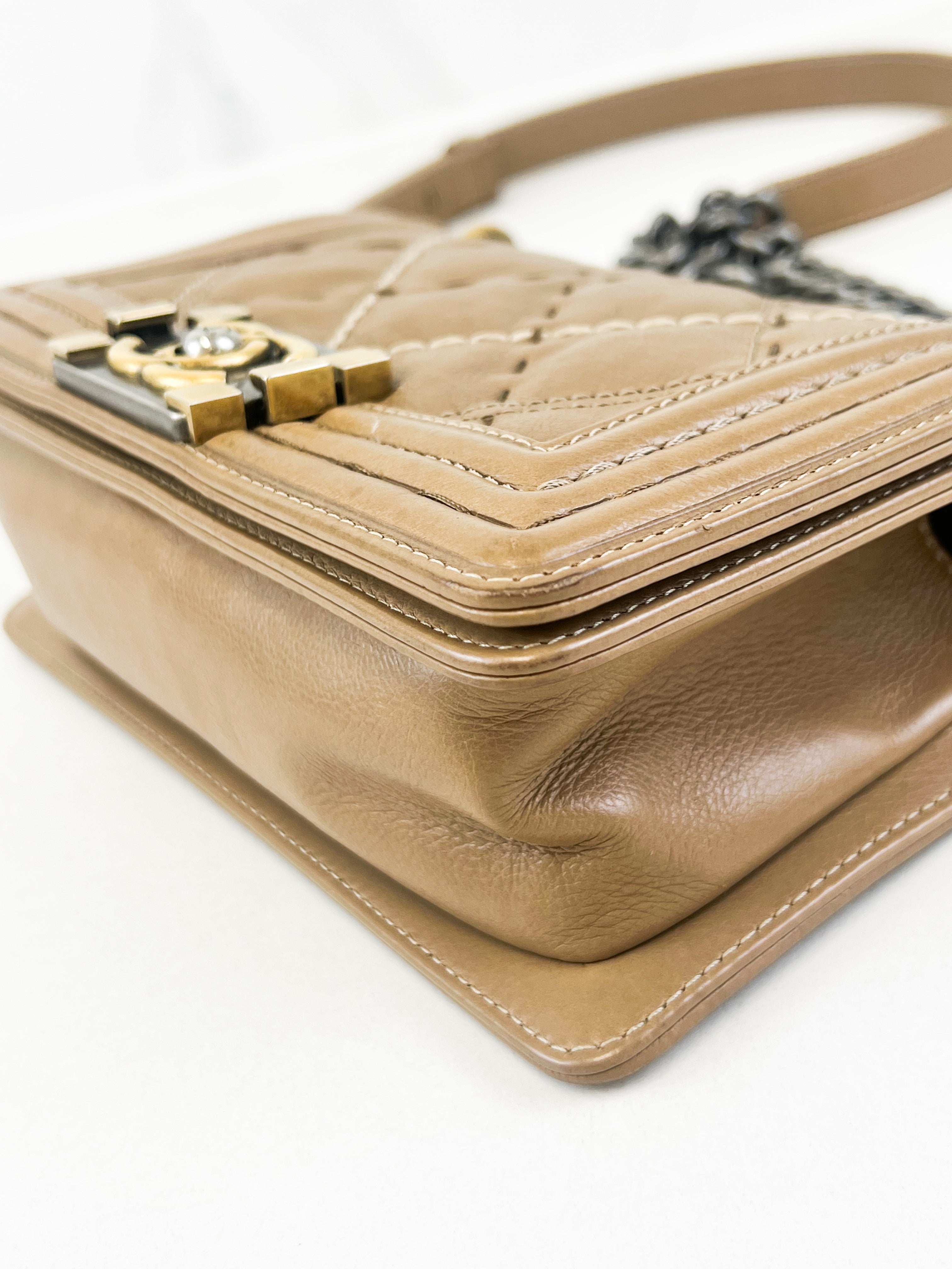 Chanel Small Beige Boy Bag Calfskin Ruthenium & Gold HW