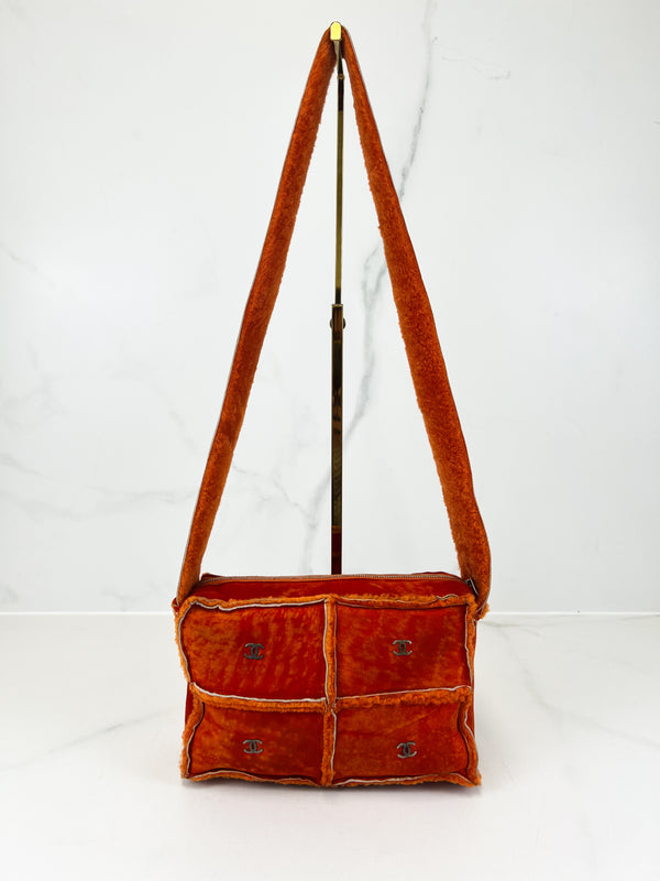 Chanel Vintage Orange Sheepskin Suede Logos Shoulder Bag