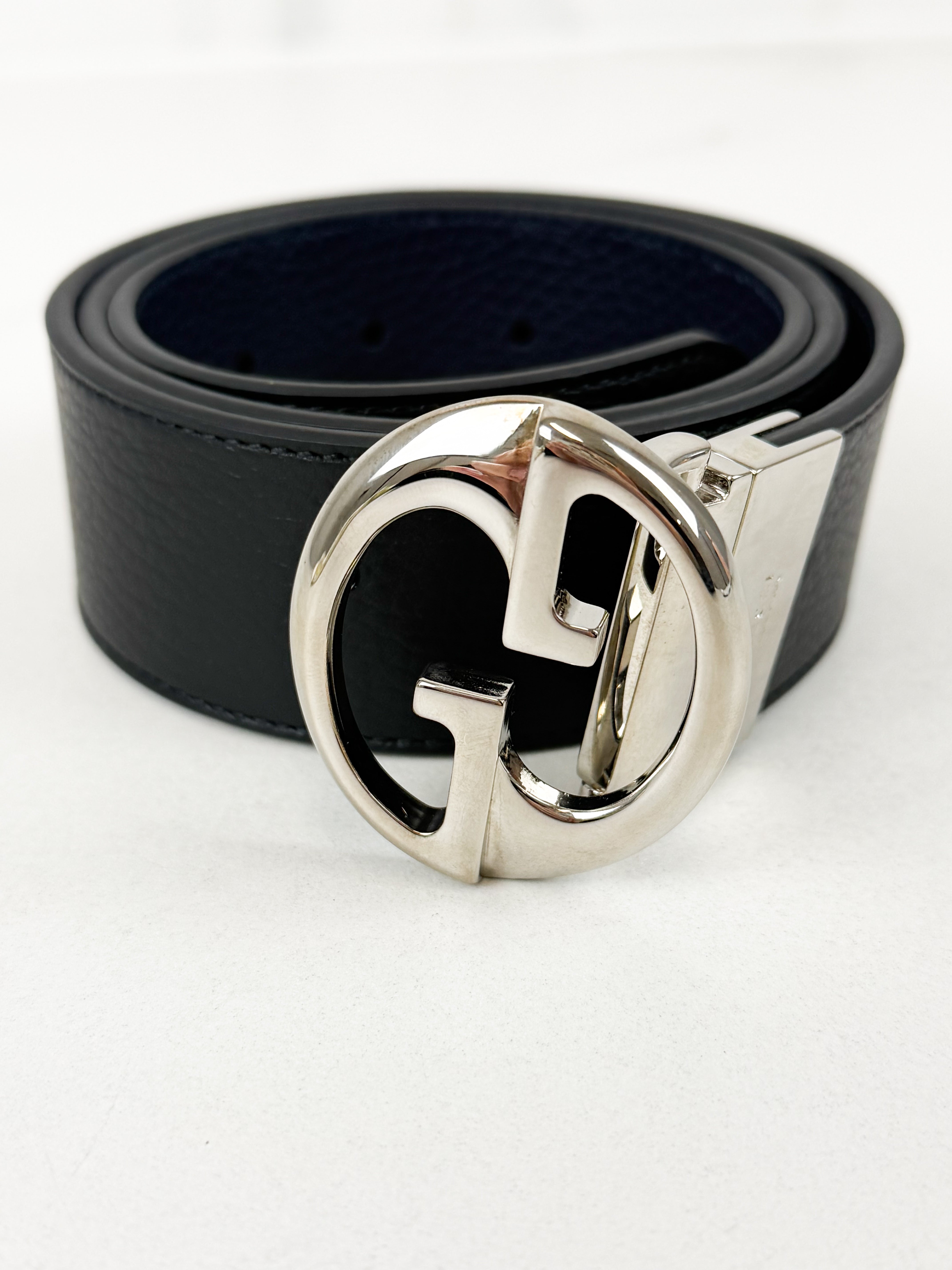 Gucci Interlocking G Leather Belt 85/32 Reversible Navy / Black