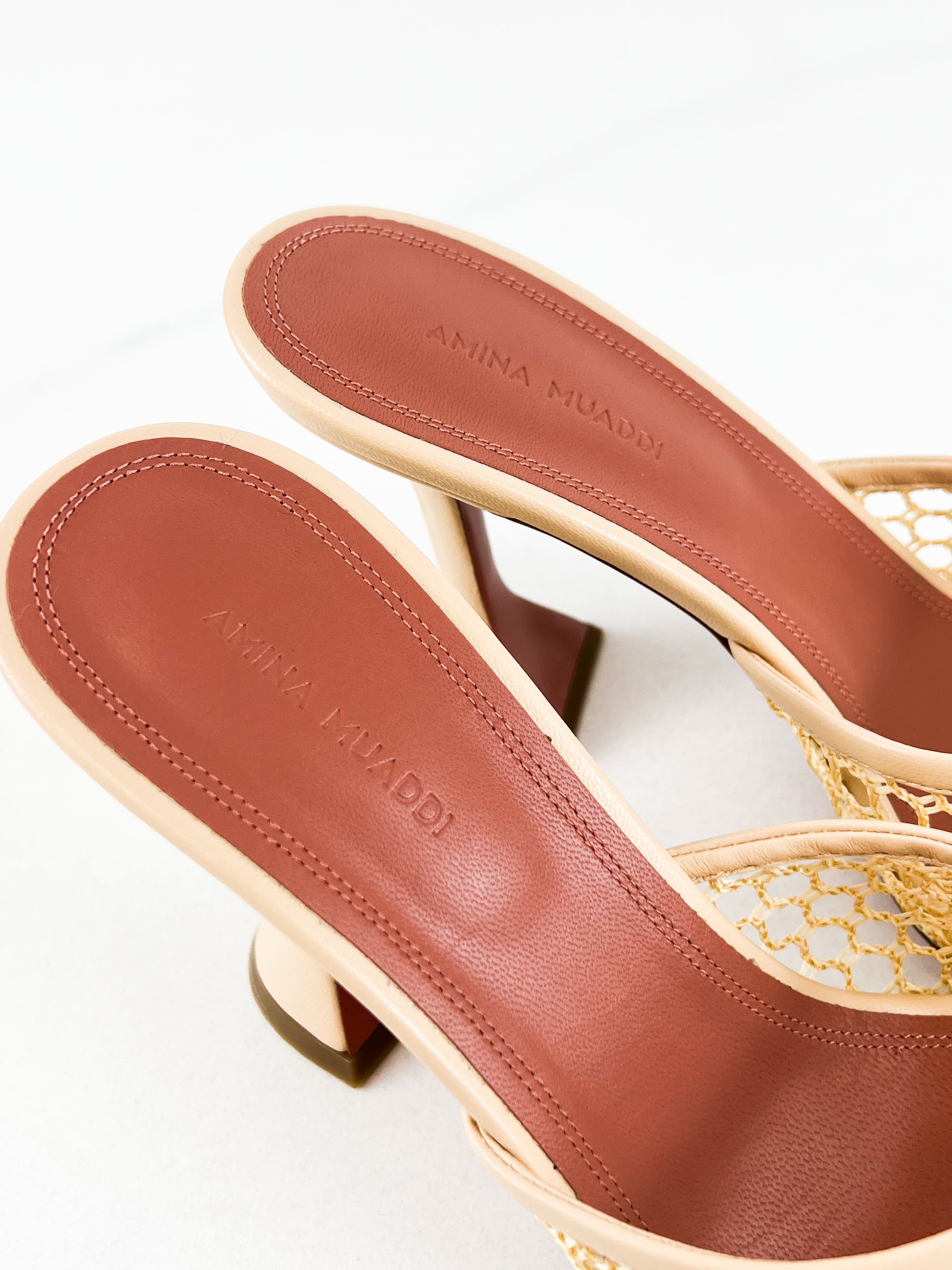 Amina Muaddi Lupita Net Slipper in Beige Size 40