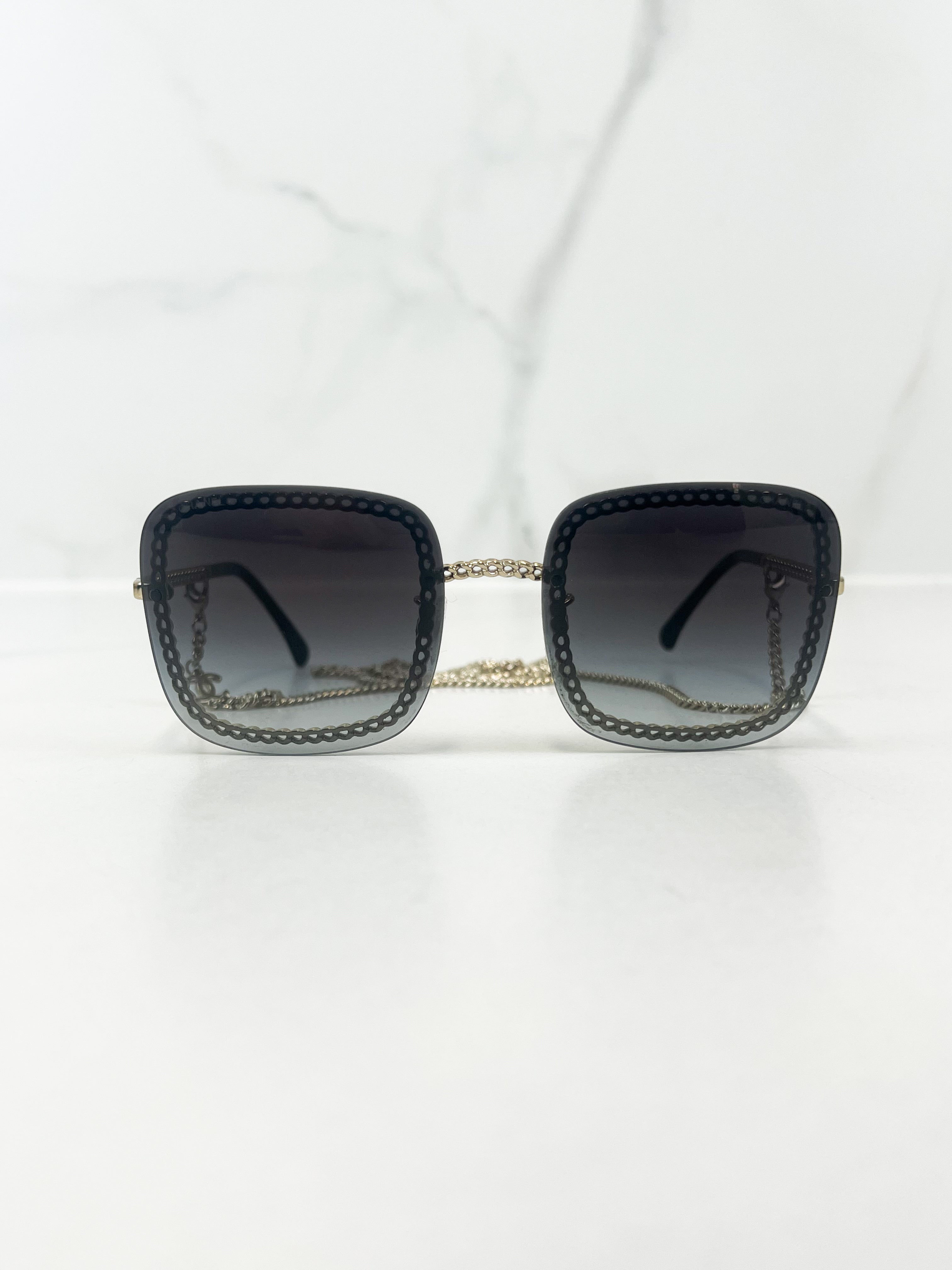 Chanel Rectangle Gunmetal Grey Sunglasses with Chain