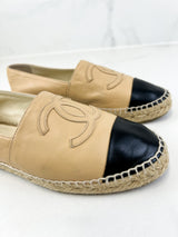 Chanel CC Logo Black & Beige Leather Espadrilles Size 38