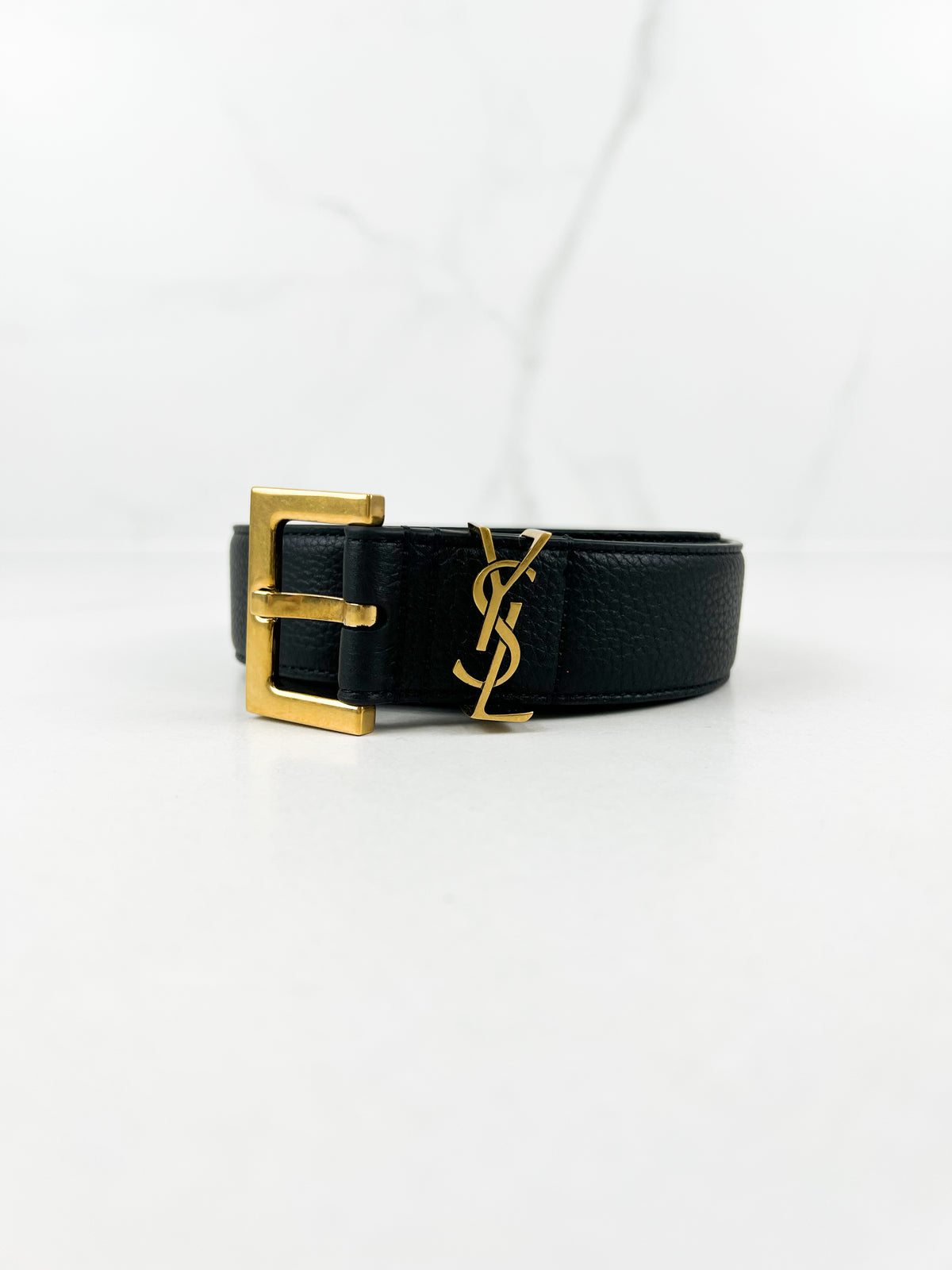 Saint Laurent Cassandre Black Leather Belt with GHW Size 90