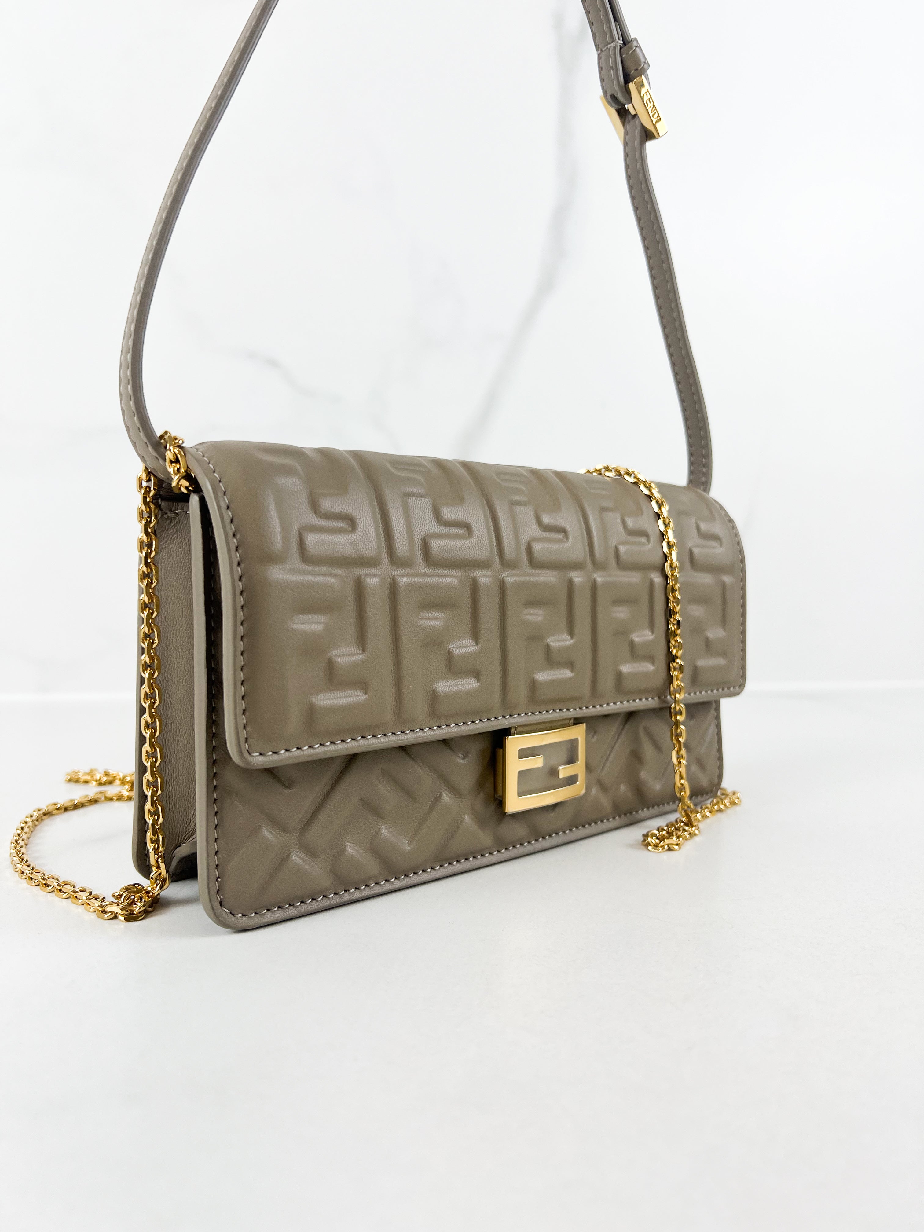 Fendi FF Wallet On Chain Baguette in Dove Grey Nappa Leather