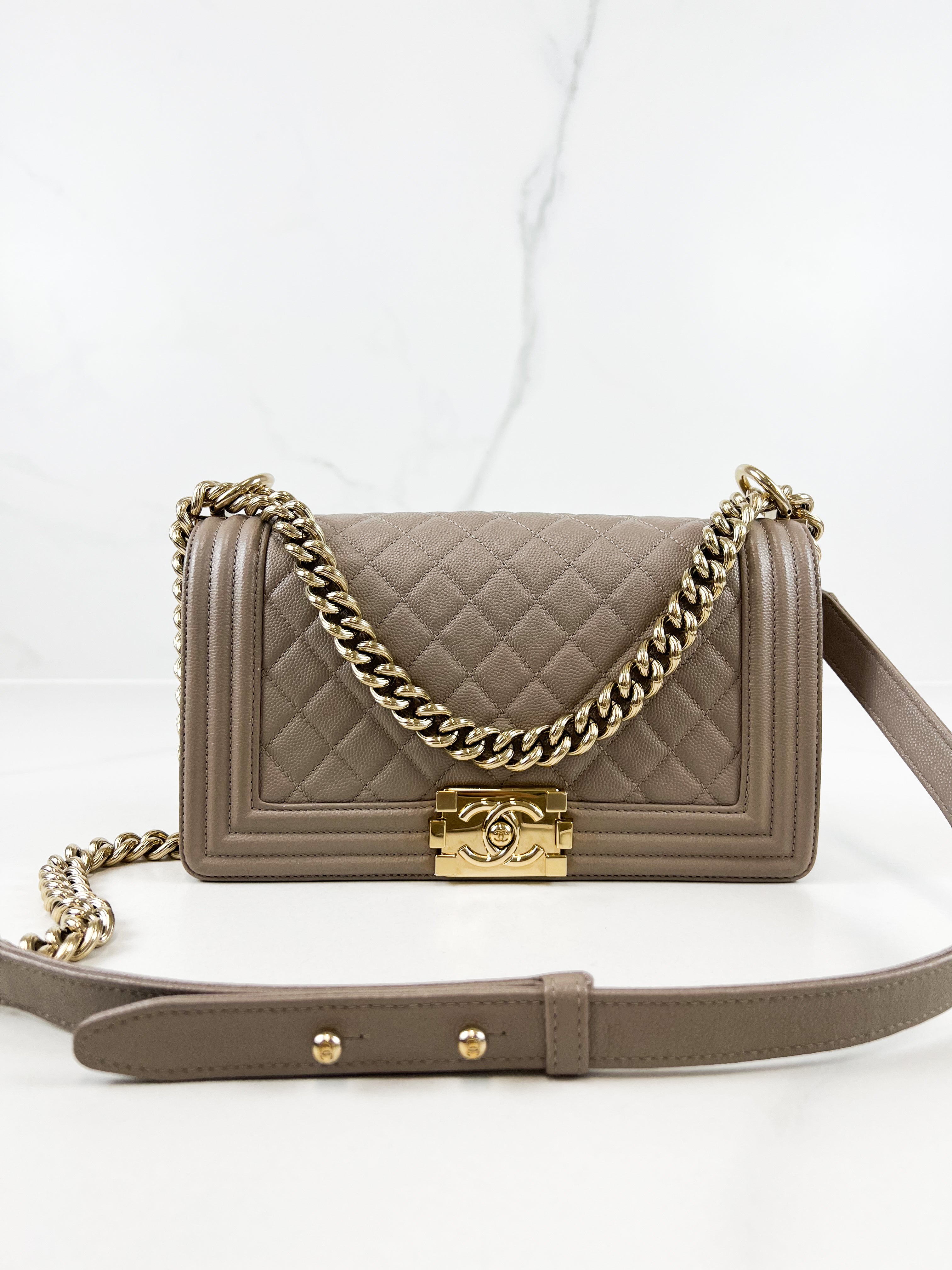 Chanel Beige Old Medium Quilted Caviar Leather Boy Bag GHW