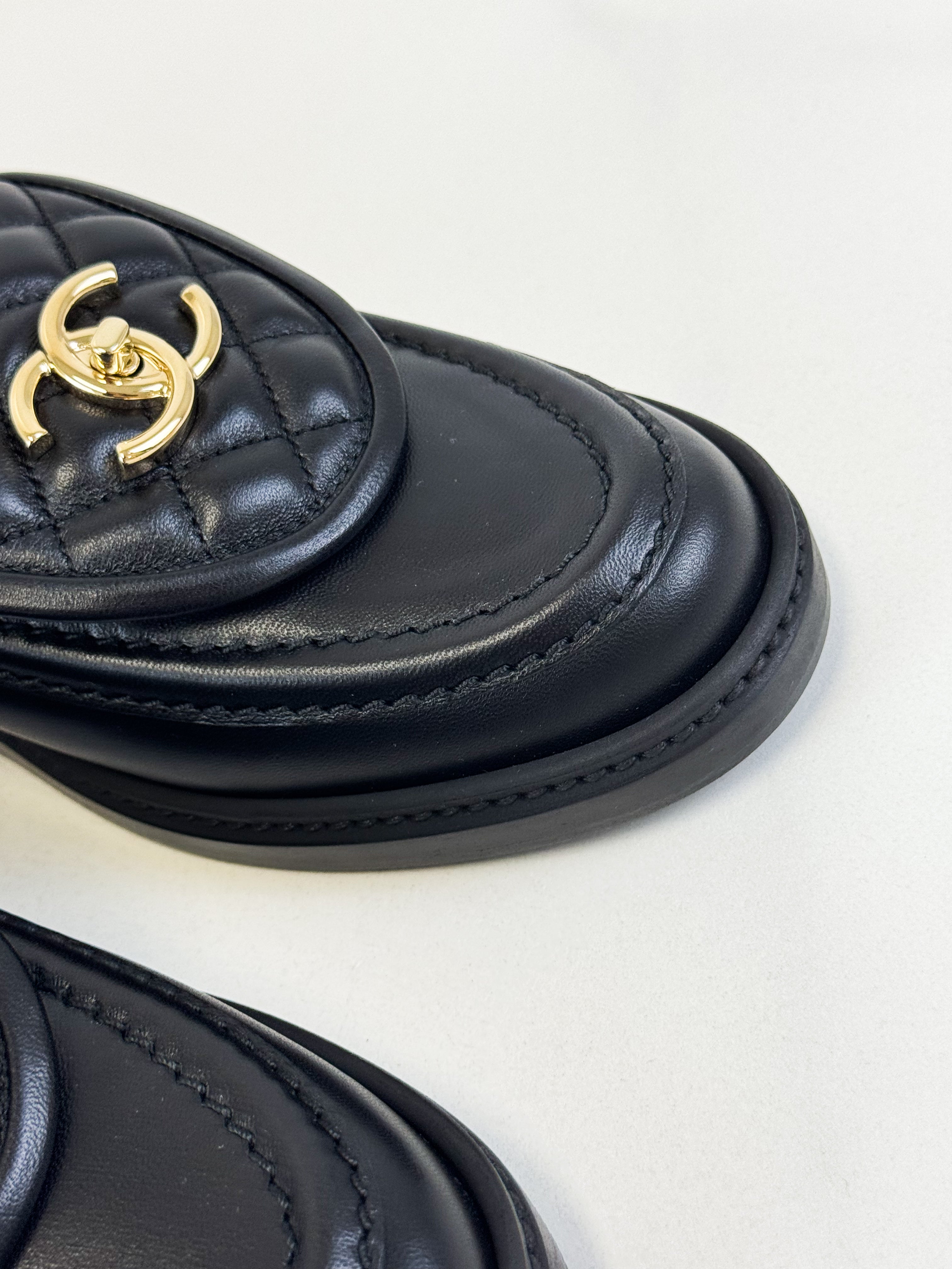 Chanel Black Quilted Turn Lock Loafer Size 37.5