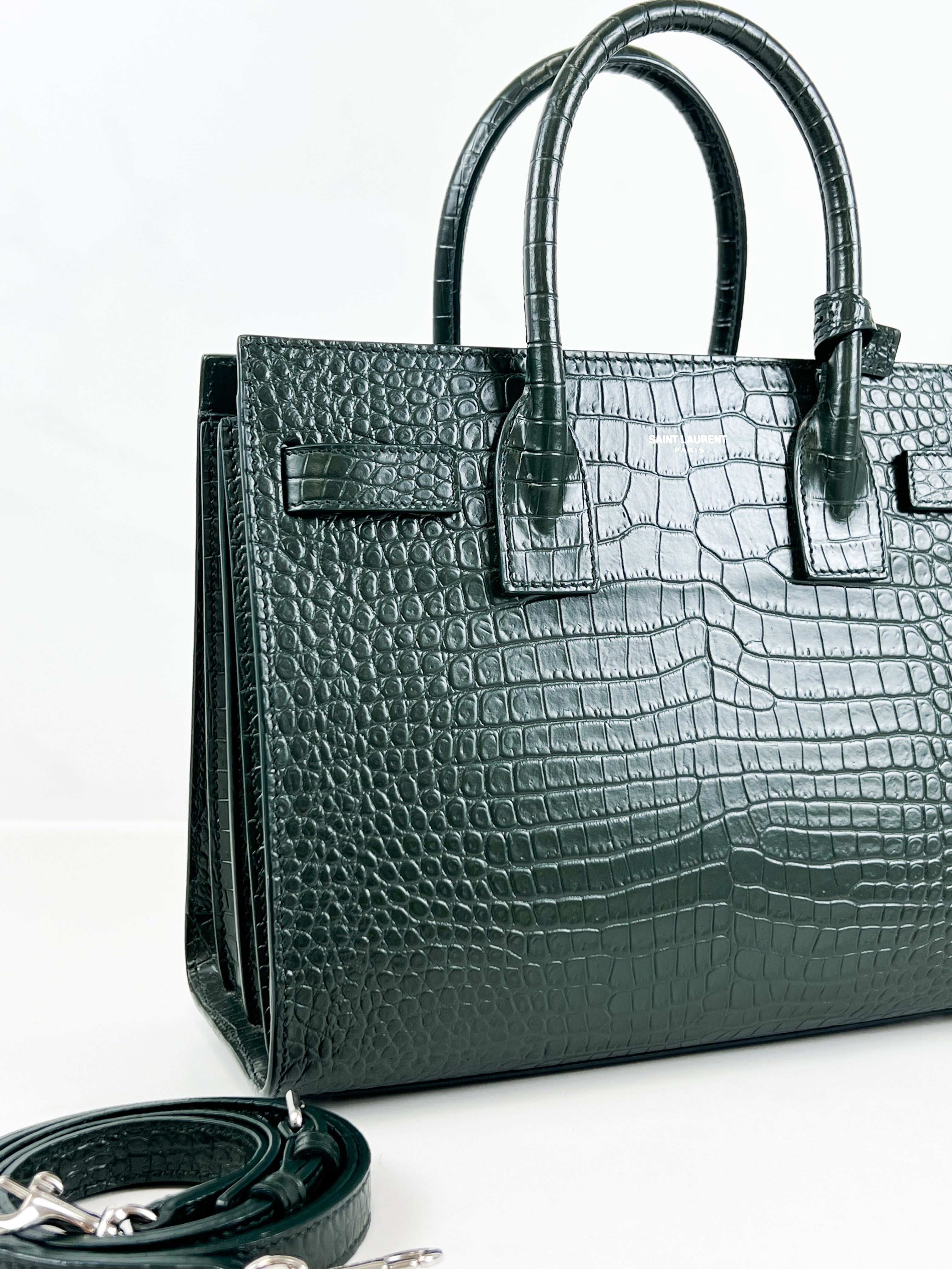 Saint Laurent Sac De Jour Small in Dark Green Croc Leather