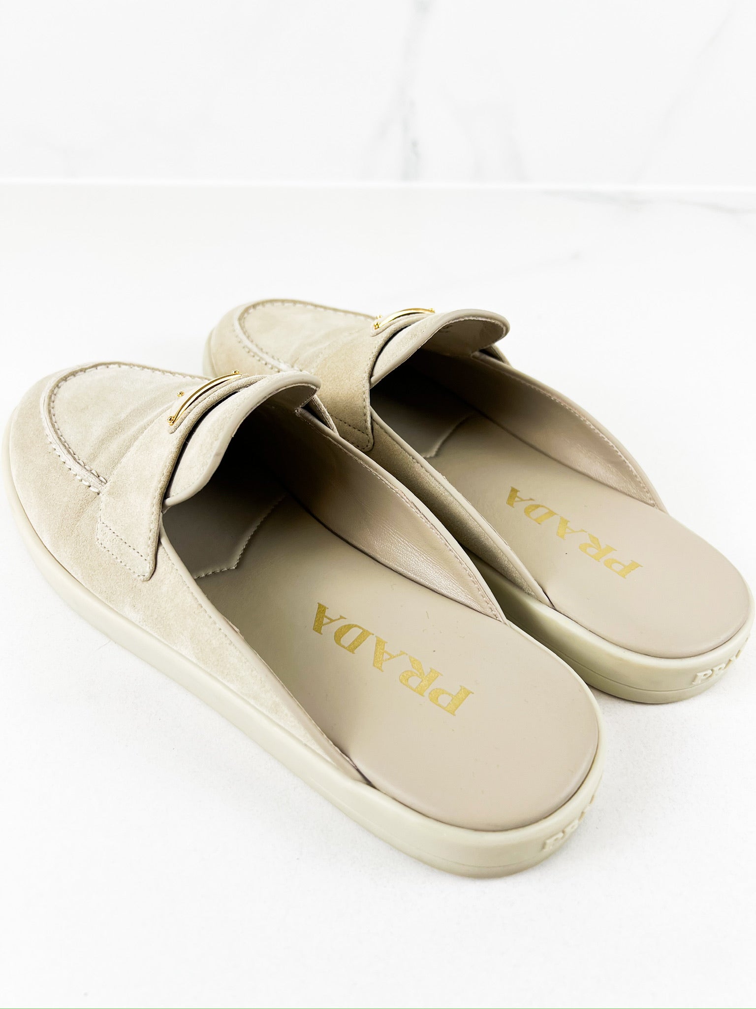 Prada Beige Suede Logo Mules Size 38