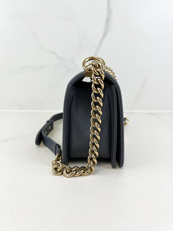 Chanel Charcoal Grey Old Medium Chevron Lambskin Boy Bag with Light Champagne GHW