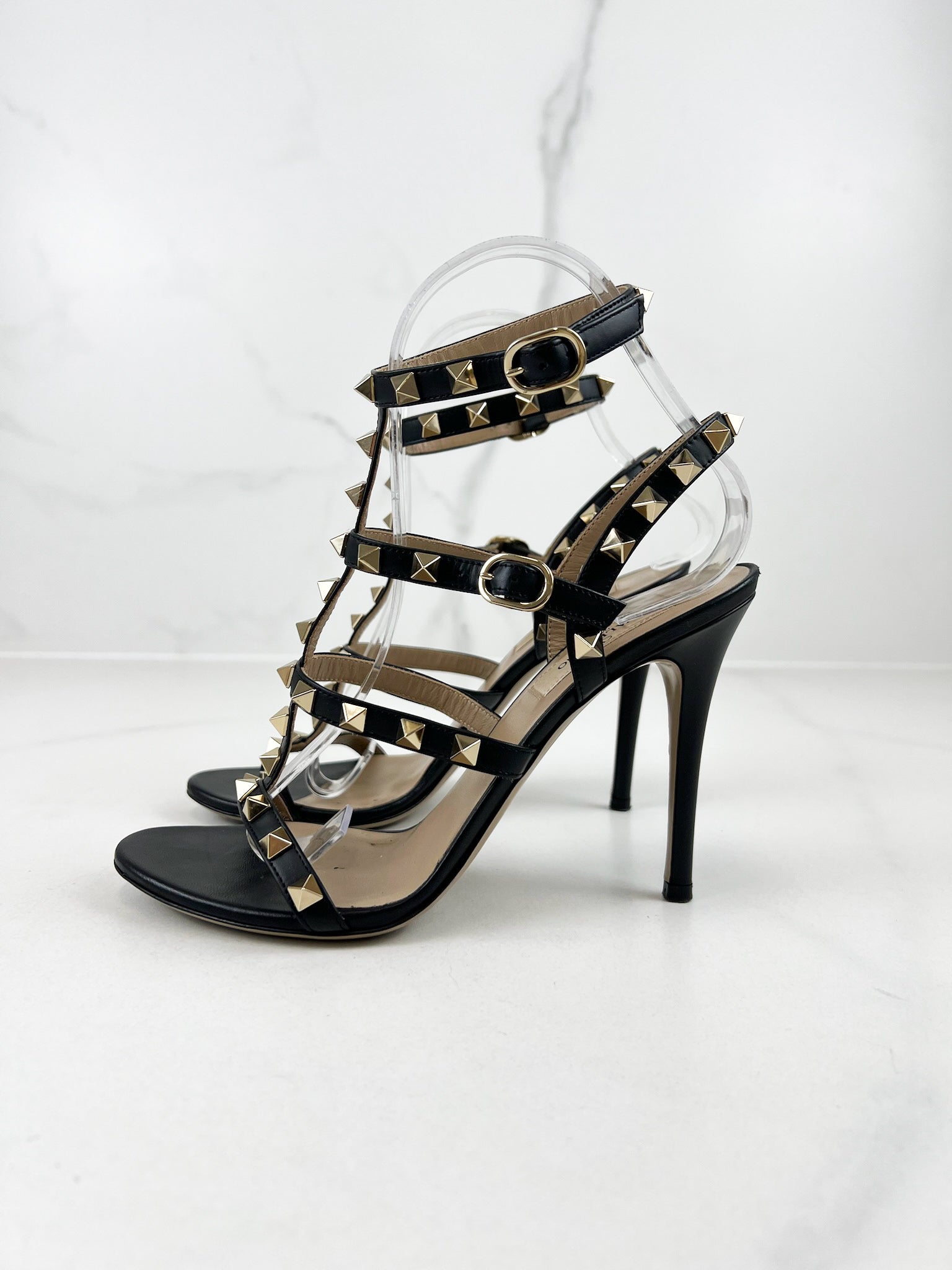 Valentino Garavani Caged Black Rockstud Ankle Strap Sandal Size 36.5