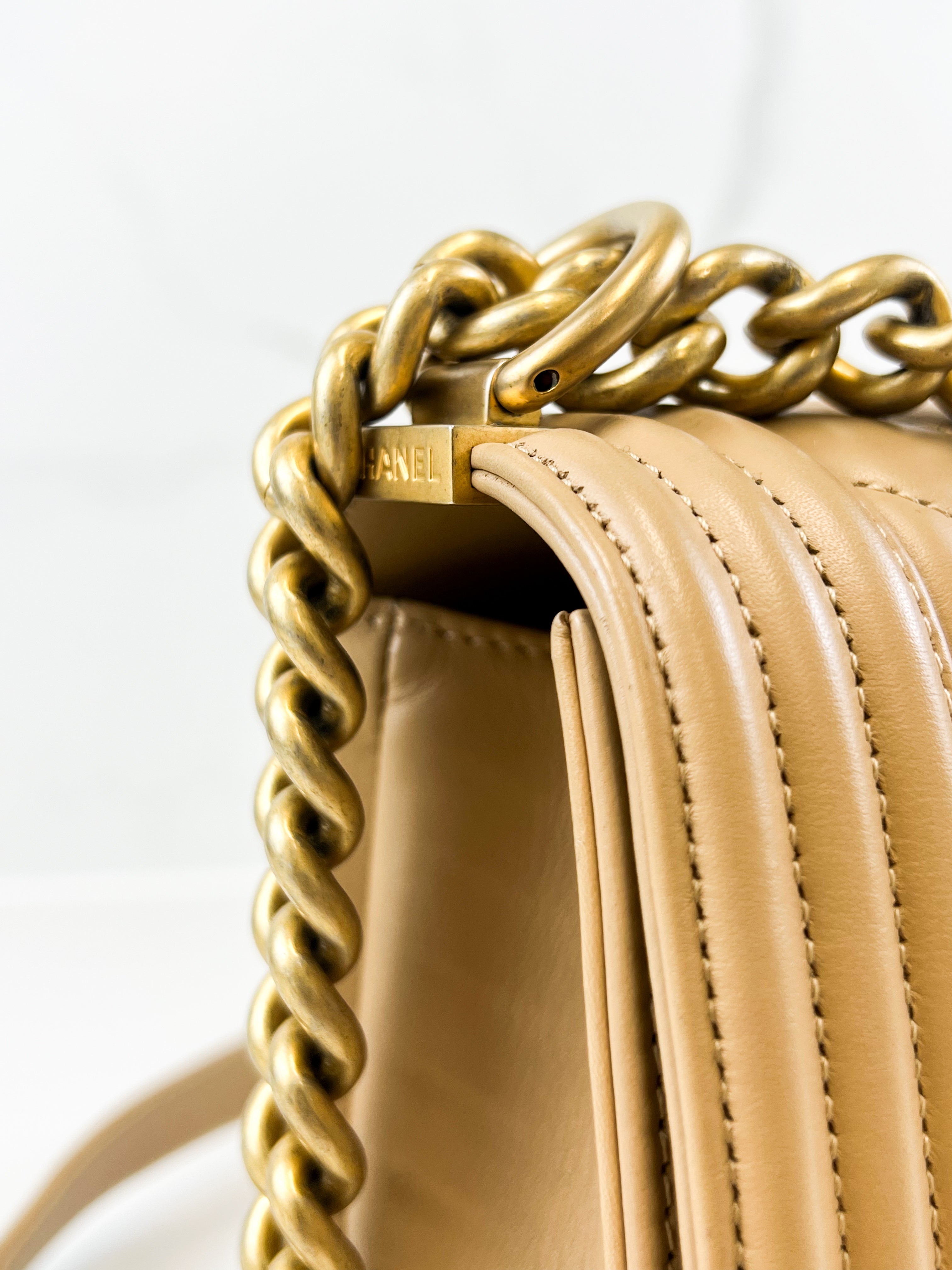 Chanel Beige Old Medium Chevron Calfskin Boy Bag with GHW