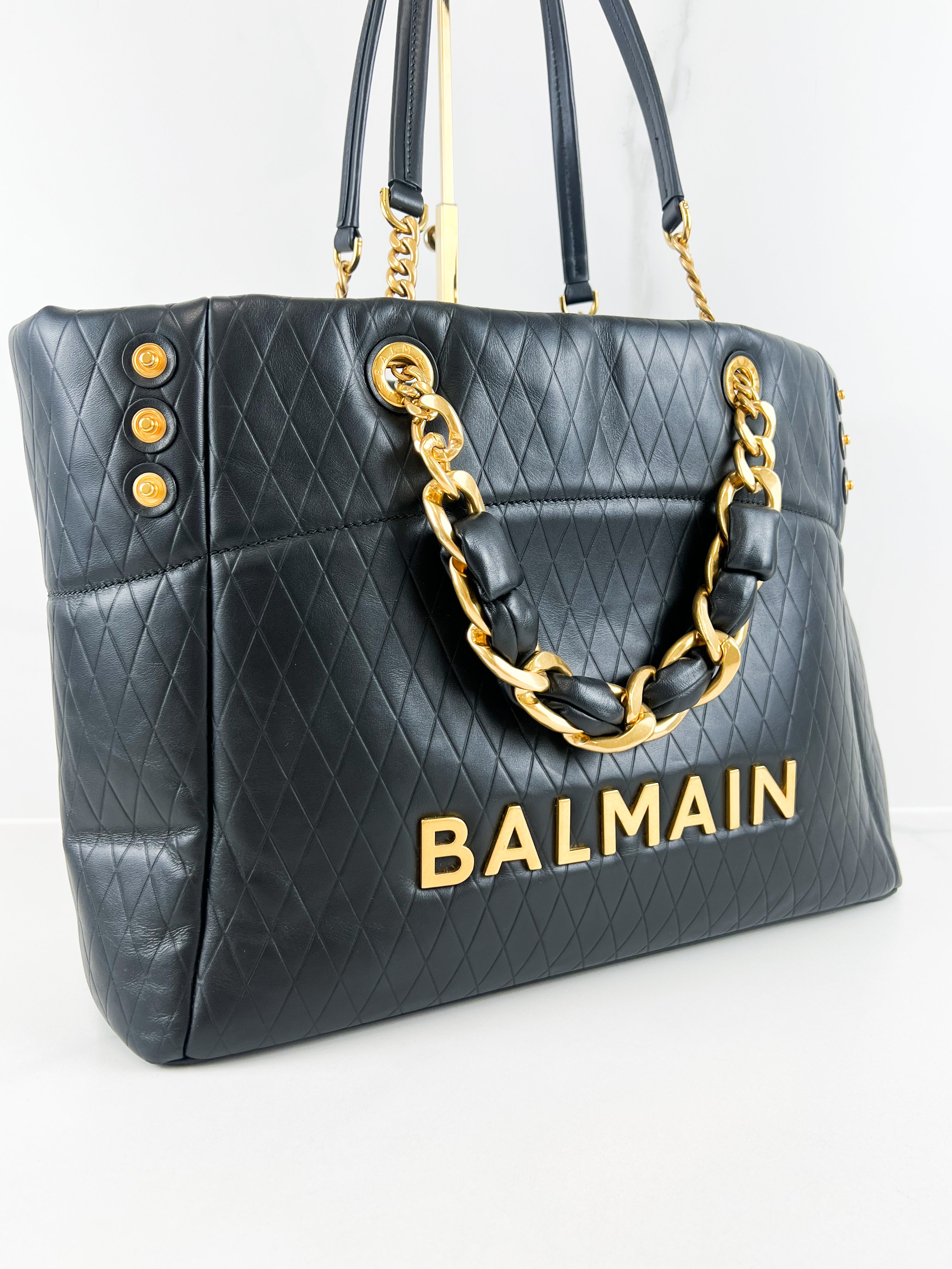 Balmain Soft Leather Tote Bag in Black Calf Leather with Gold-Tone Hardware