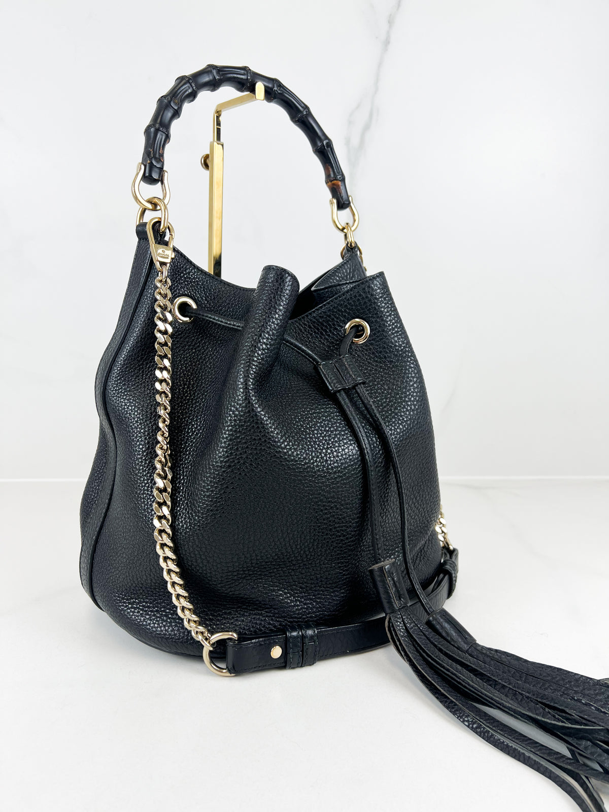 Gucci Miss Bamboo Bucket Bag in Black Grained Leather