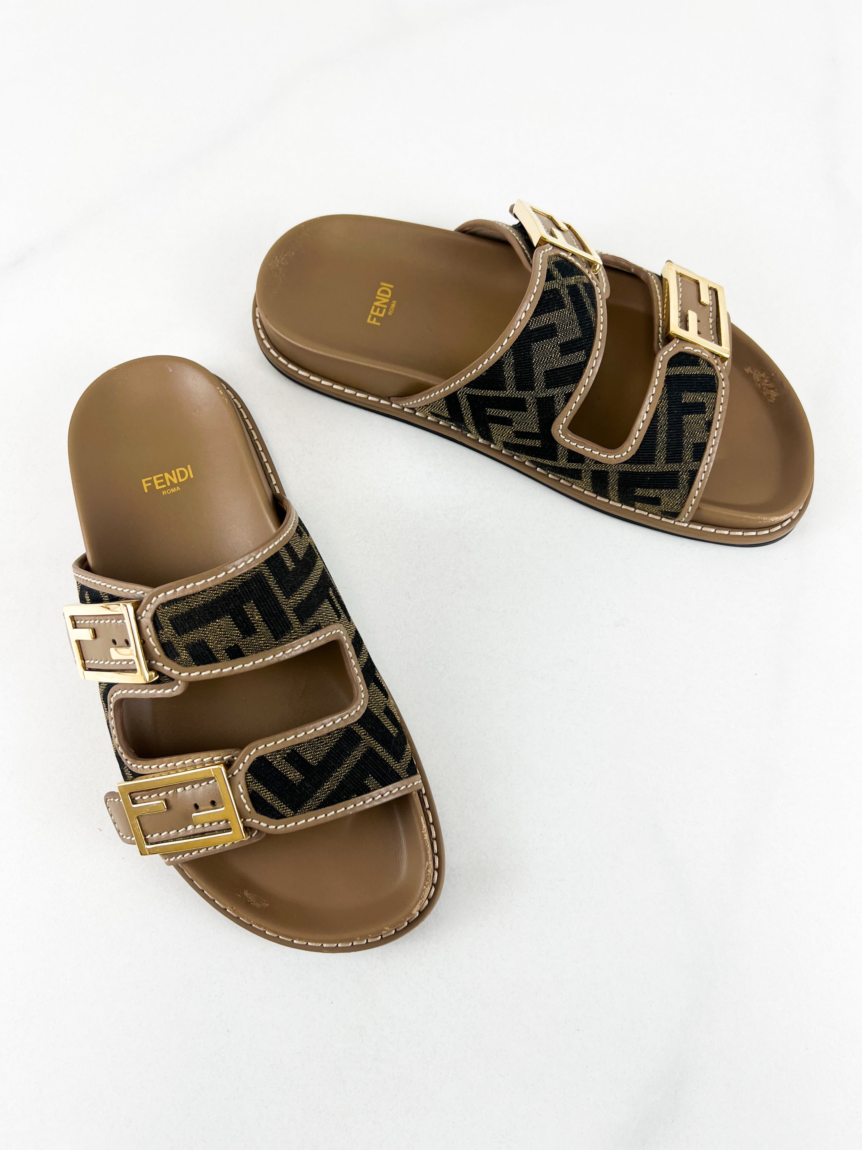 Fendi FF Fabric & Calf Leather Slides Size 38