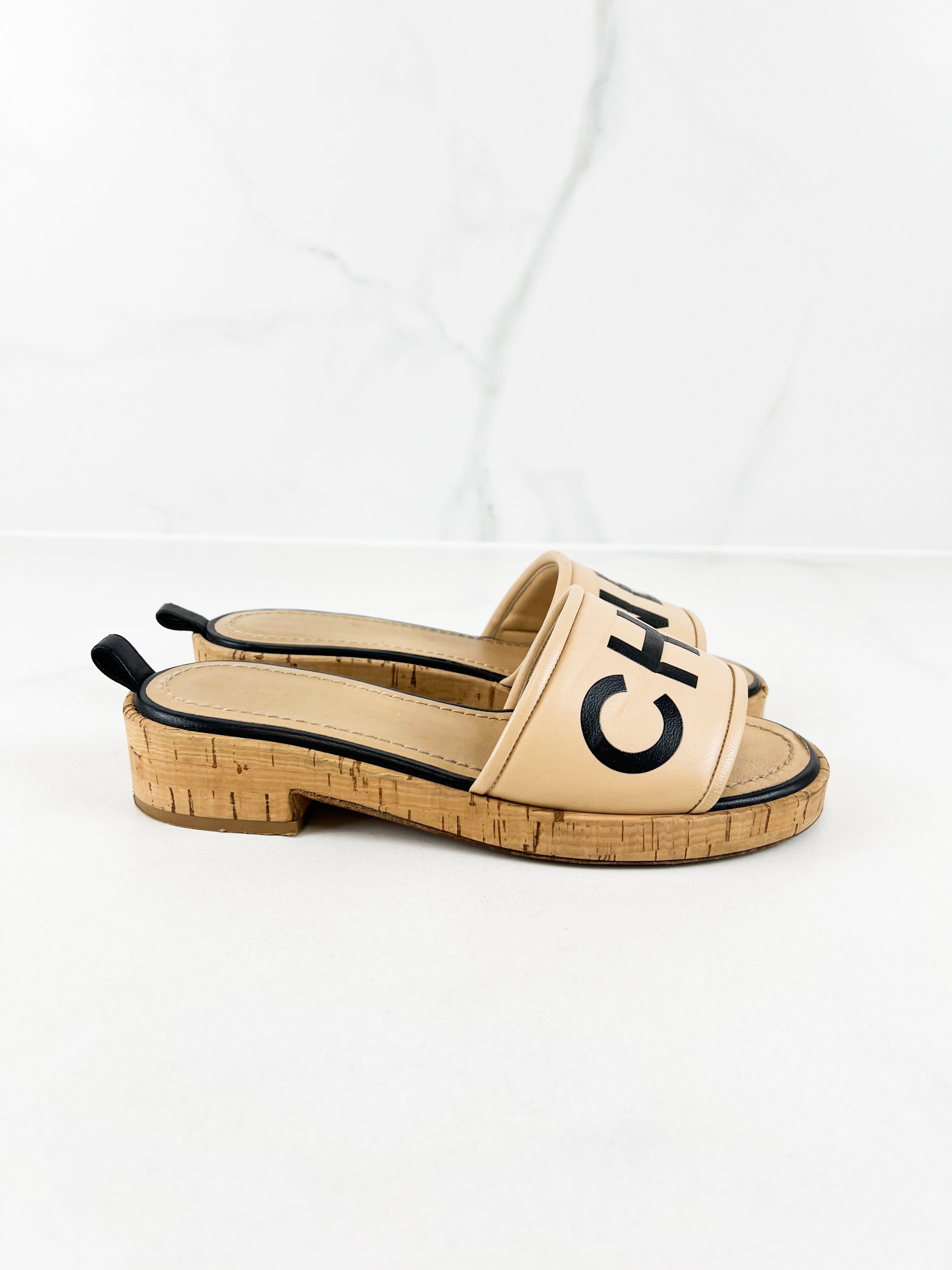 Chanel Beige Leather CC Cork Slide Sandal Size 36