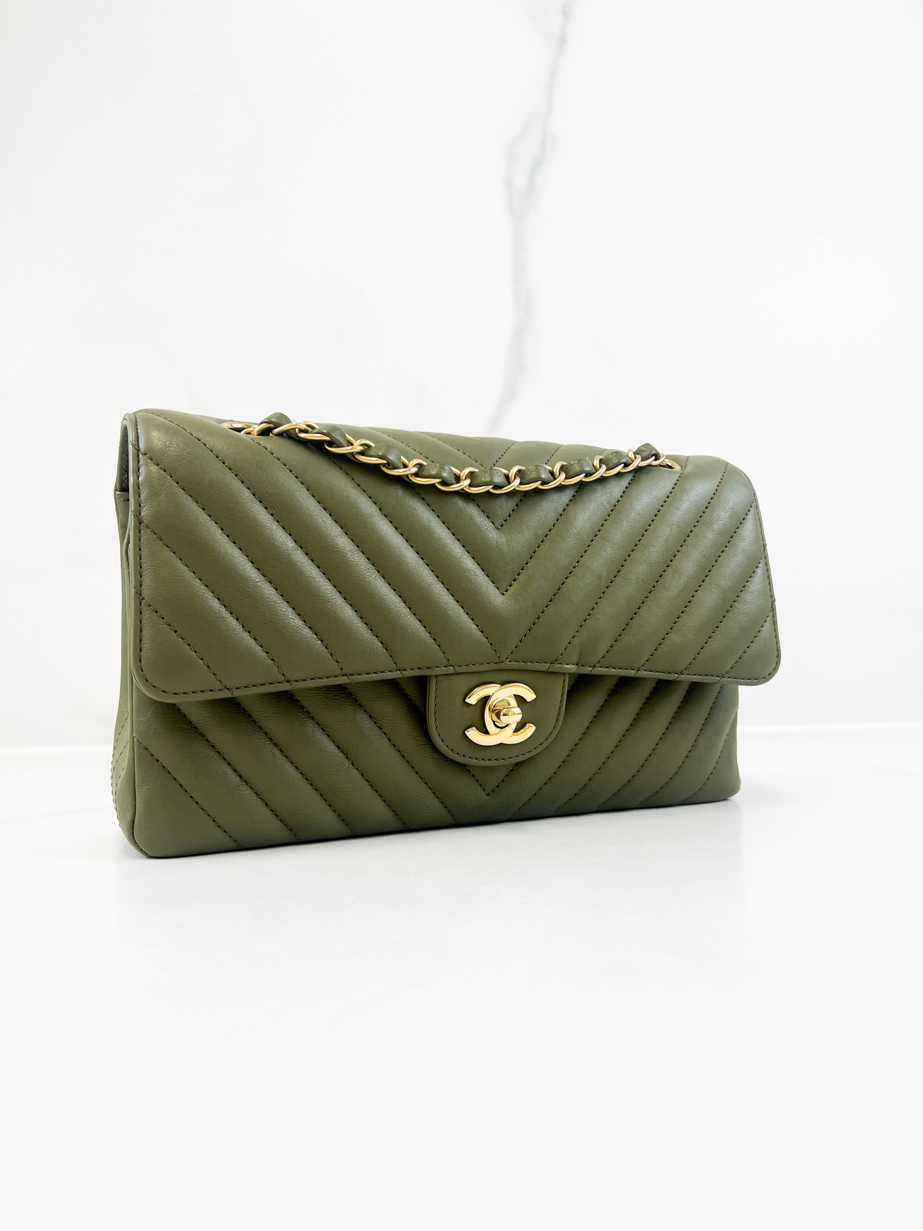 Chanel CC Medium Calfskin Olive Green Classic Double Flap Shoulder Bag GHW