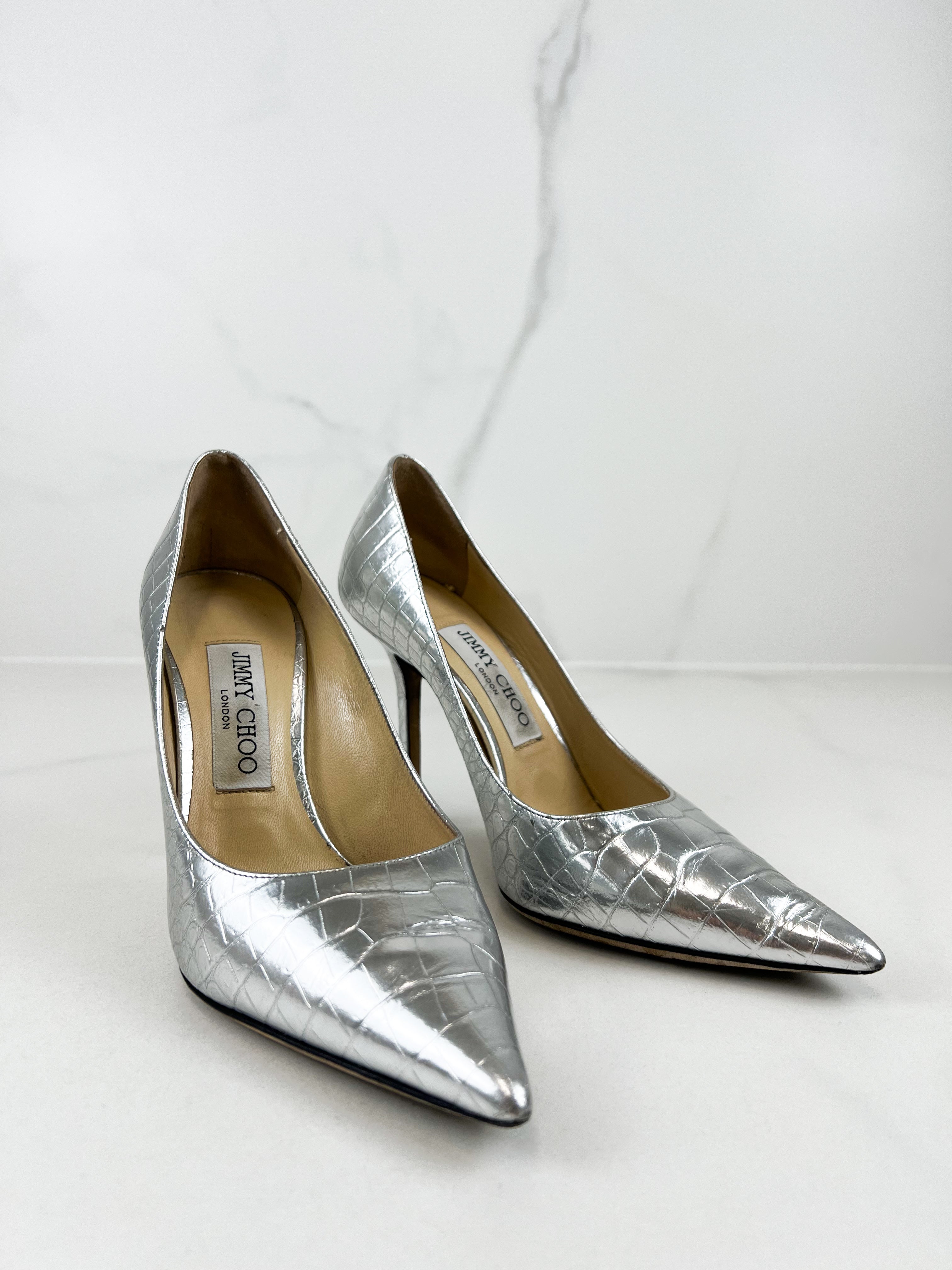 Jimmy Choo Metallic Croc Embossed Leather Pump Size 36.5