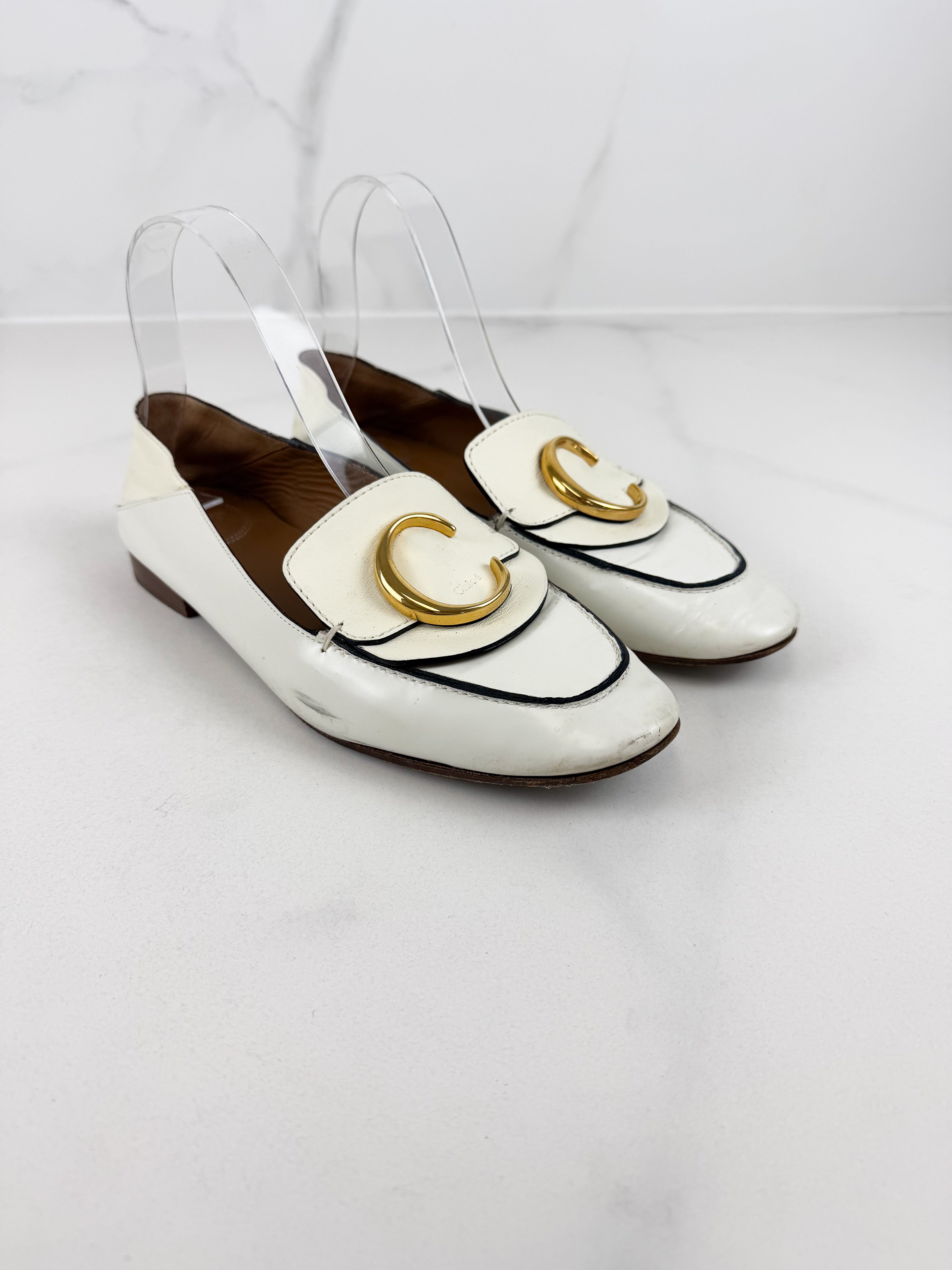 Chloe White Leather Loafers Size 38