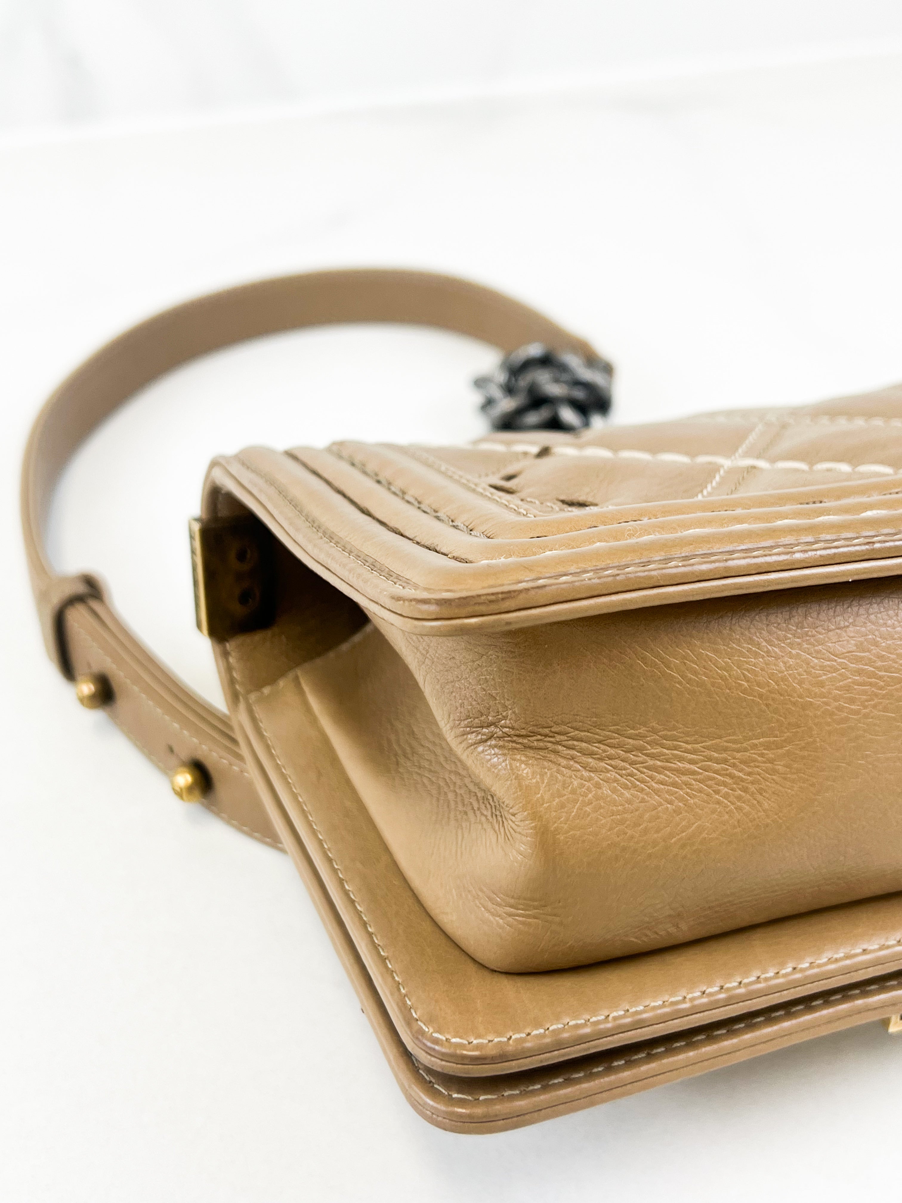 Chanel Small Beige Boy Bag Calfskin Ruthenium & Gold HW