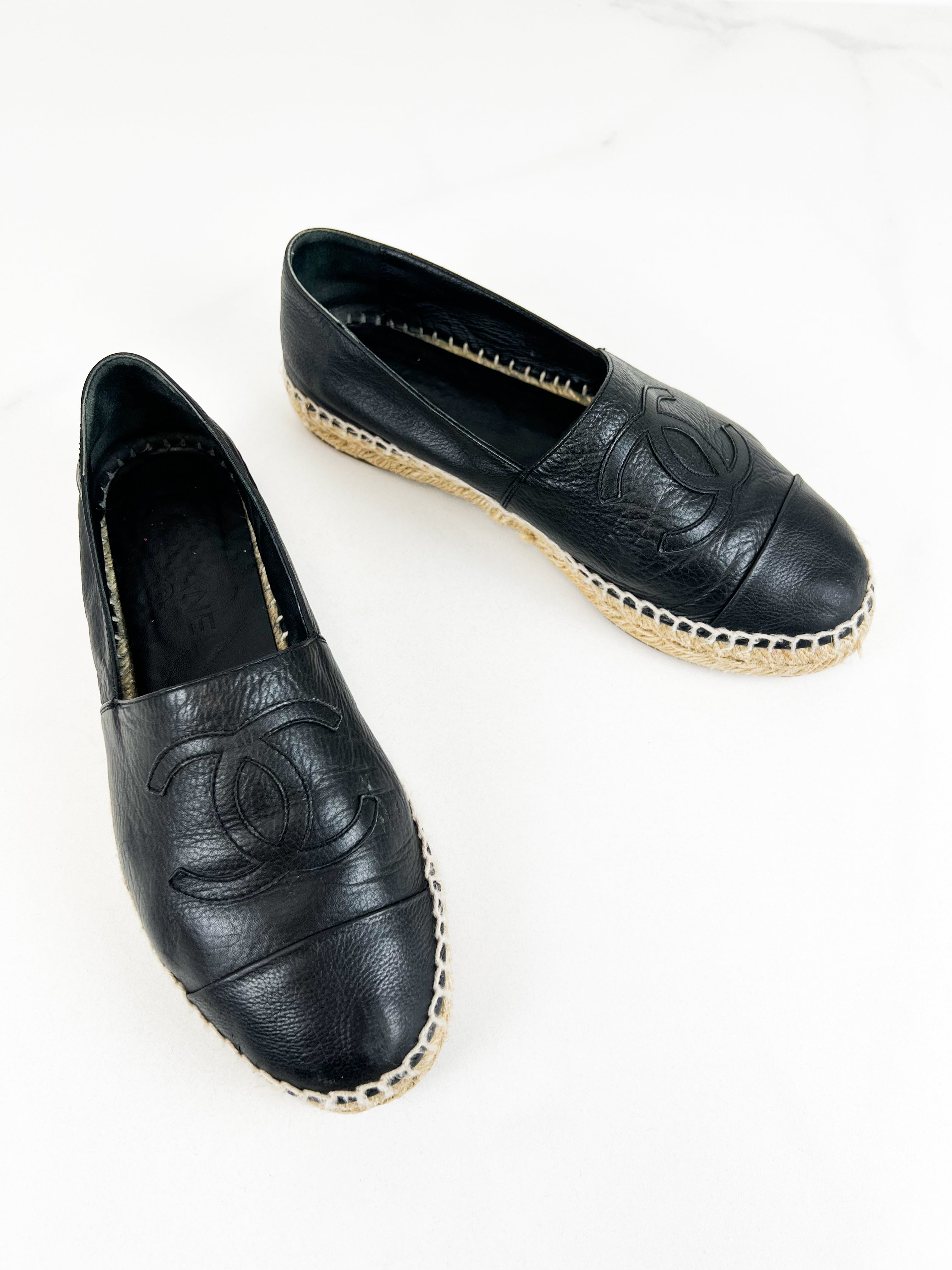 Chanel Black CC Leather Espadrille Size 38