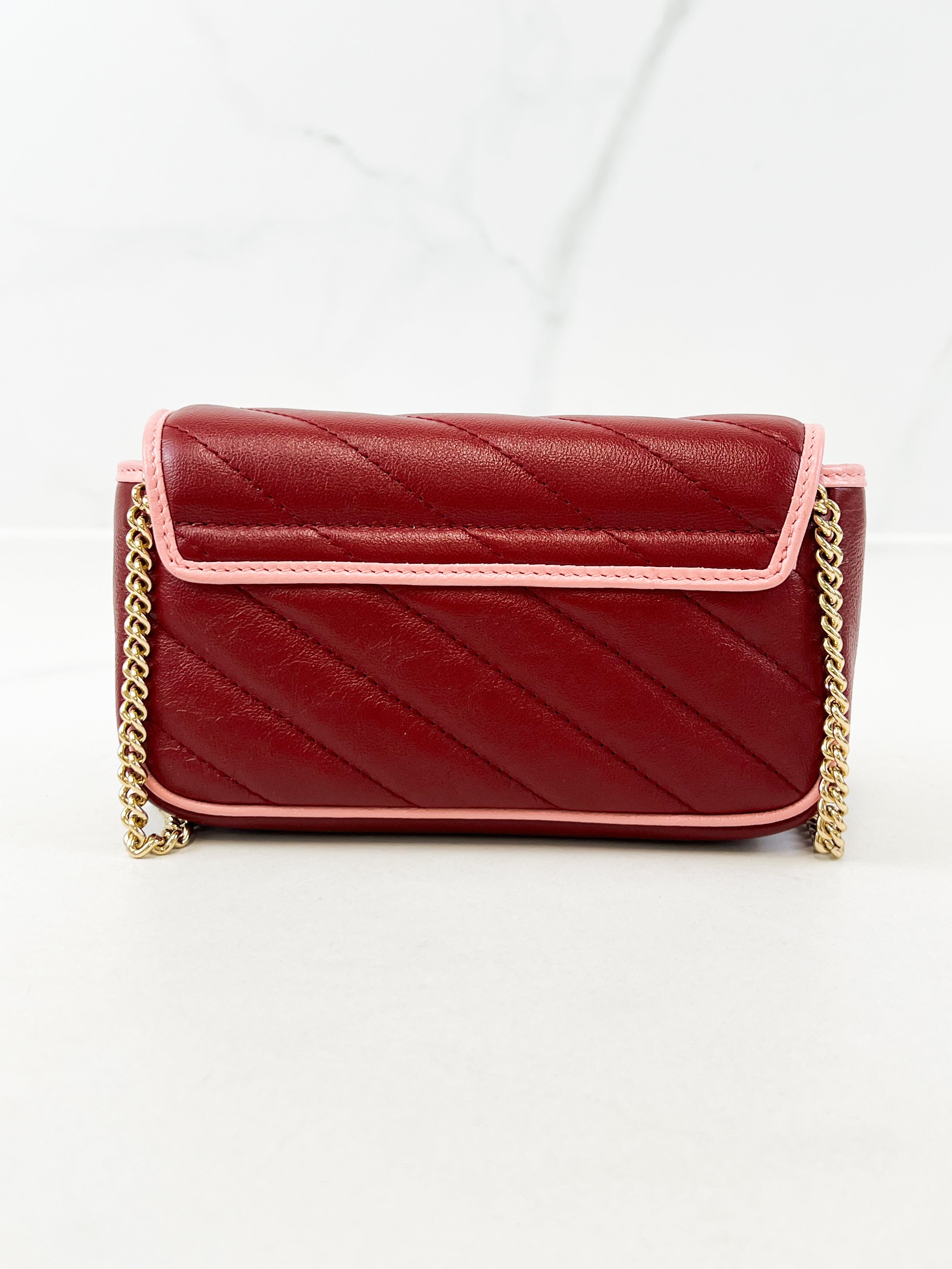 Gucci Super Mini Marmont in Red/Burgundy Matelassé Leather with Light Pink Piping